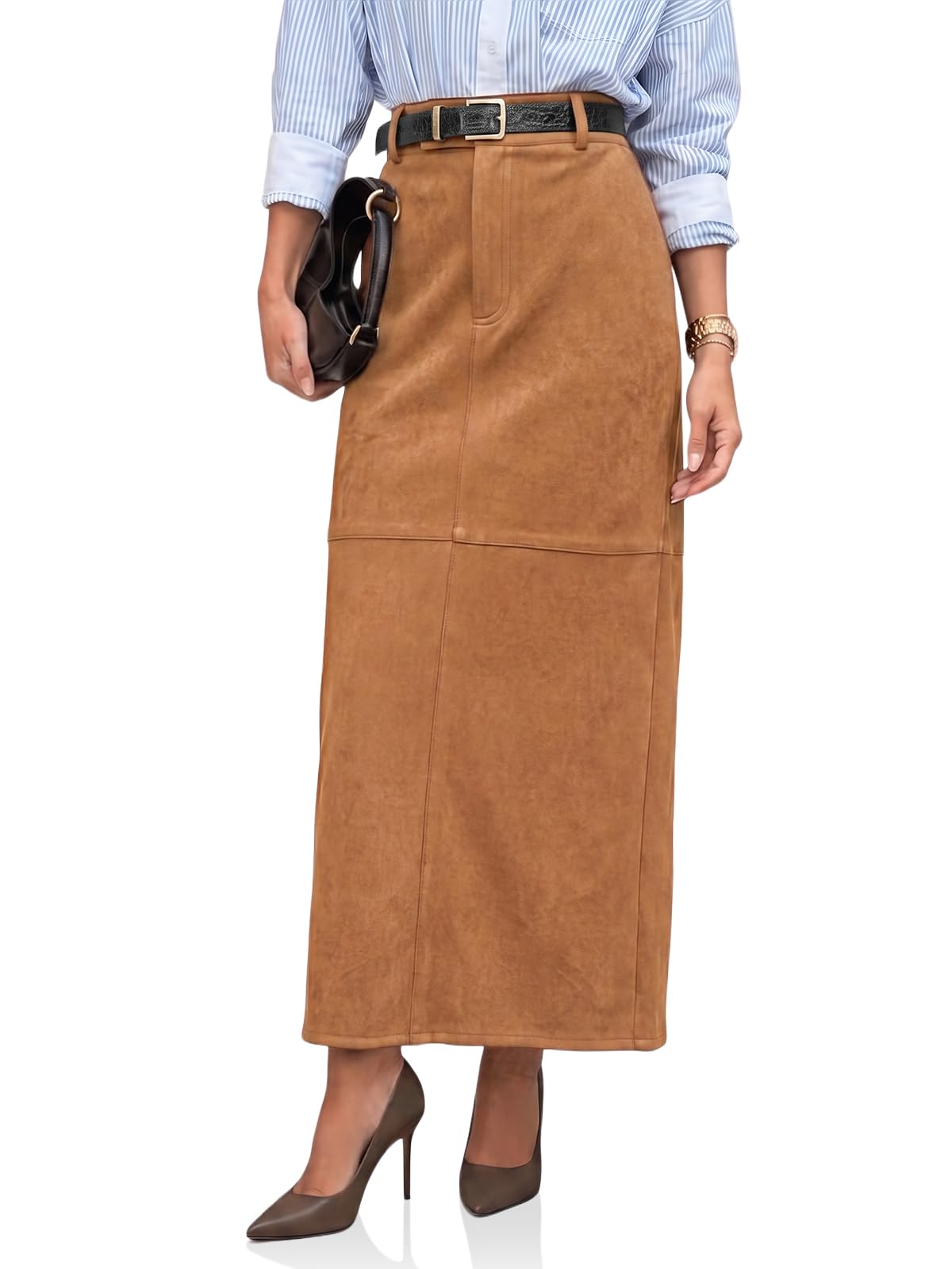 Cicy Bell Womens Suede Maxi Skirt High Waisted Slit Patchwork Pencil Skirts