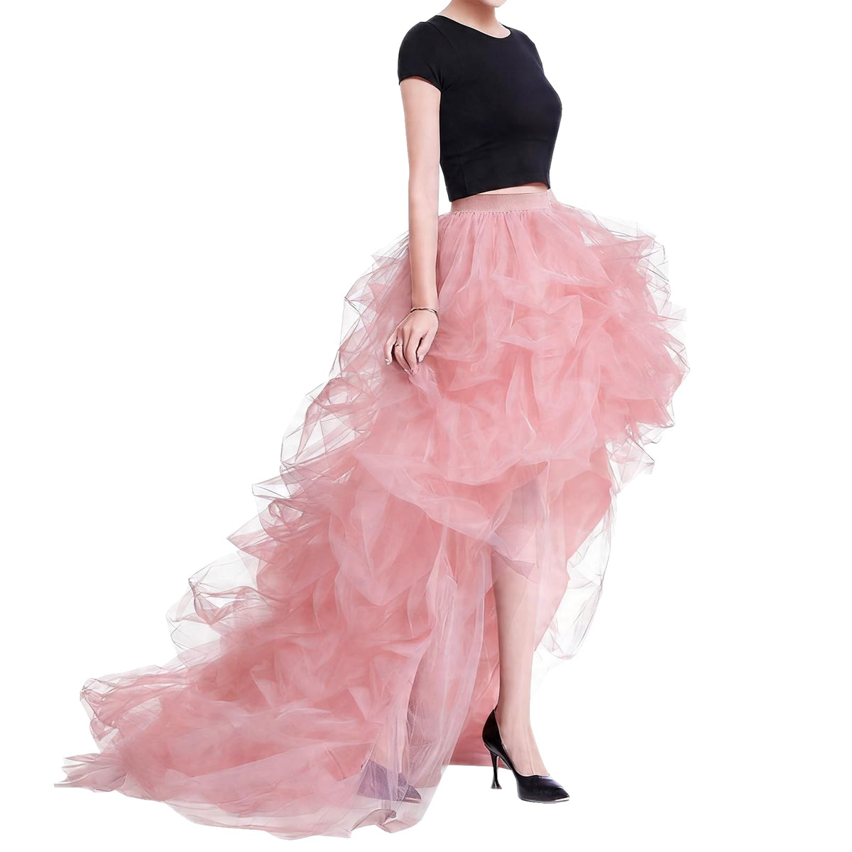 WDPL Women’s High Low Ruffled Tulle Skirt, Long Back Hem for Party Evening