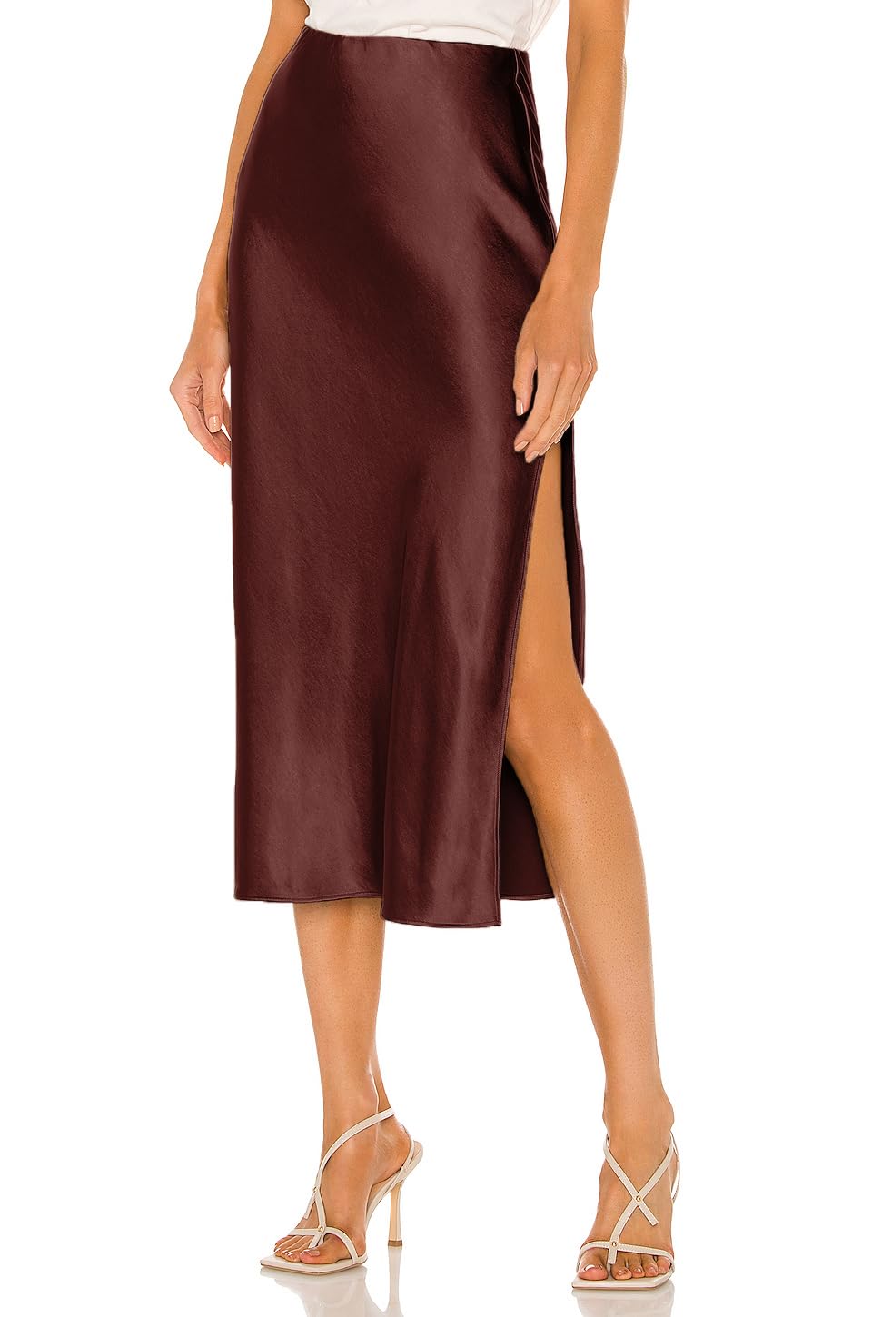 Womens Satin Silk High Waist Slit Midi Skirt Elastic Waistband Midi Skirts for Women