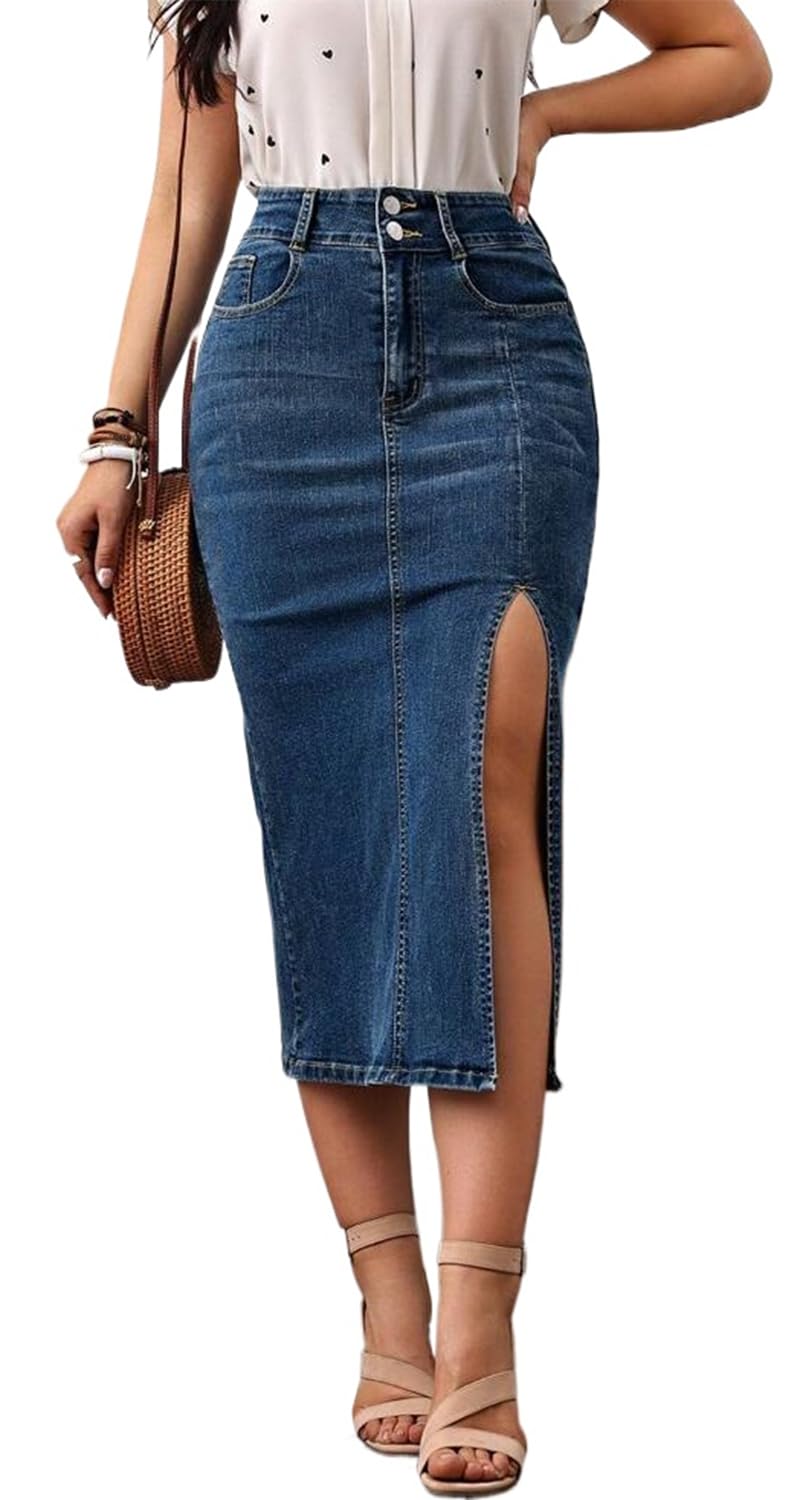 CaniBtr Women's Casual Slit Denim Midi Jean Skirt Stretch with Pockets