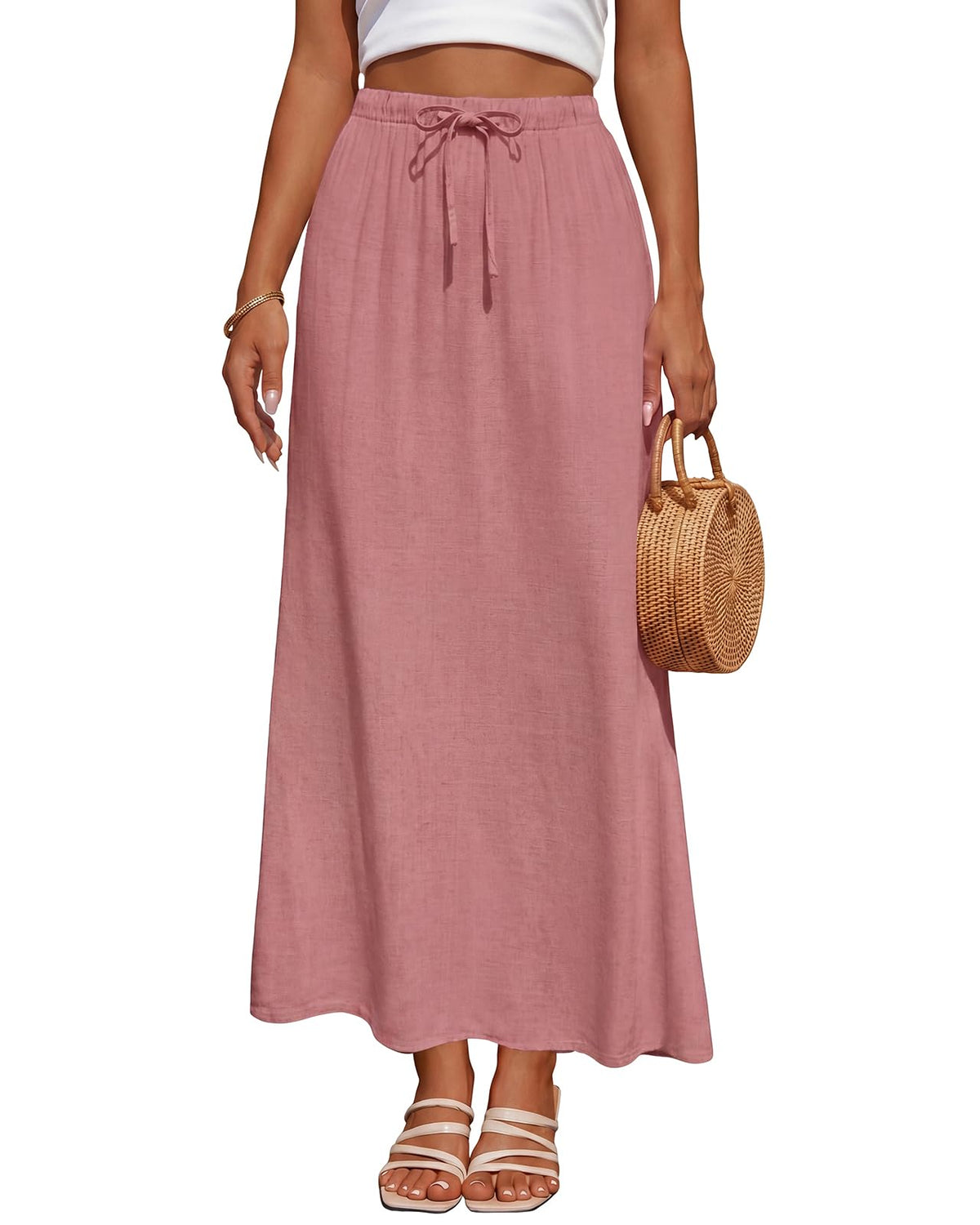 Women's Linen Maxi Skirt Back Slit High Waisted White Long Skirts