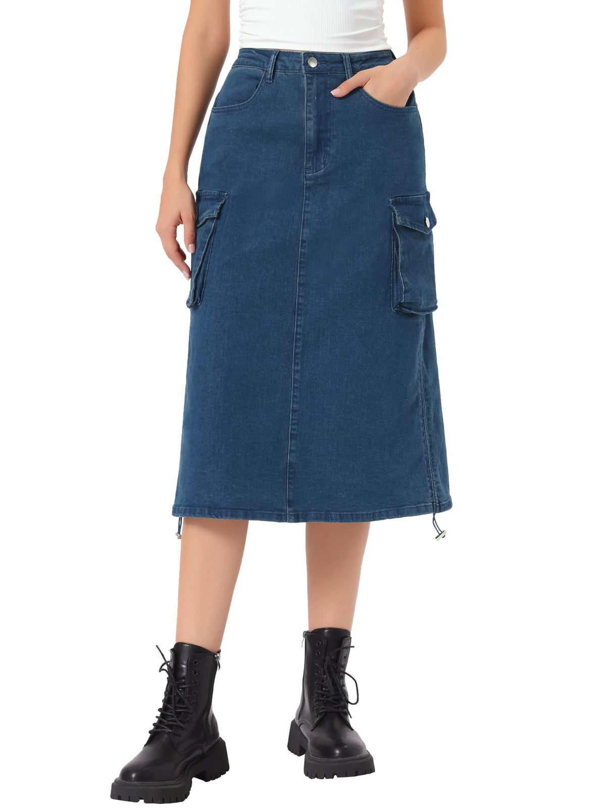 Allegra K Women's Cargo Midi Denim Skirt