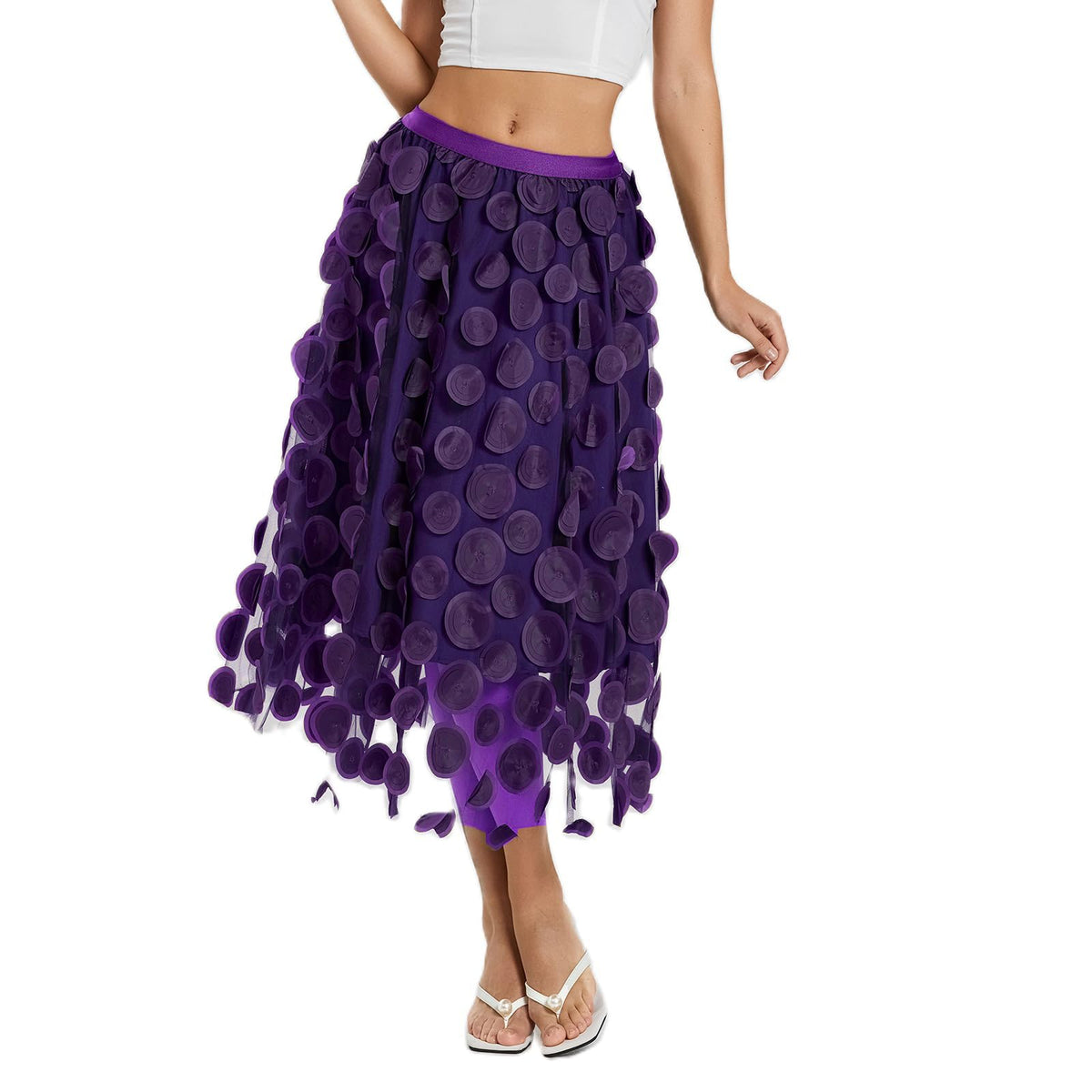 Tulle Skirt Women 3D Polka Dot Elastic Waist Mesh Flowy A-Line Midi Skirts Wedding Halloween Party Outfit