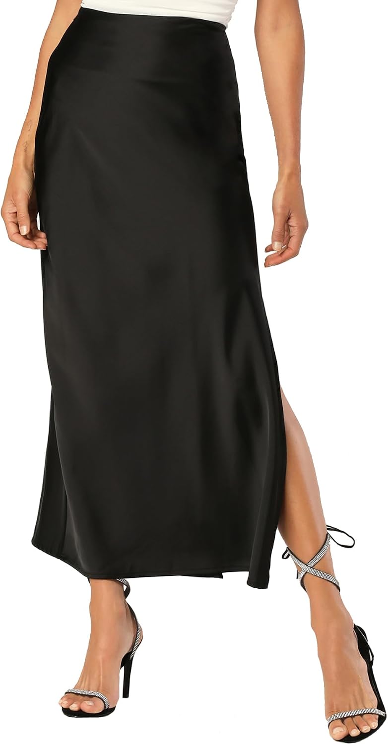 Womens Satin Silk Maxi Slit Skirt Elastic Waistband Leopard Print Maxi Long Satin Slit Skirts for Women