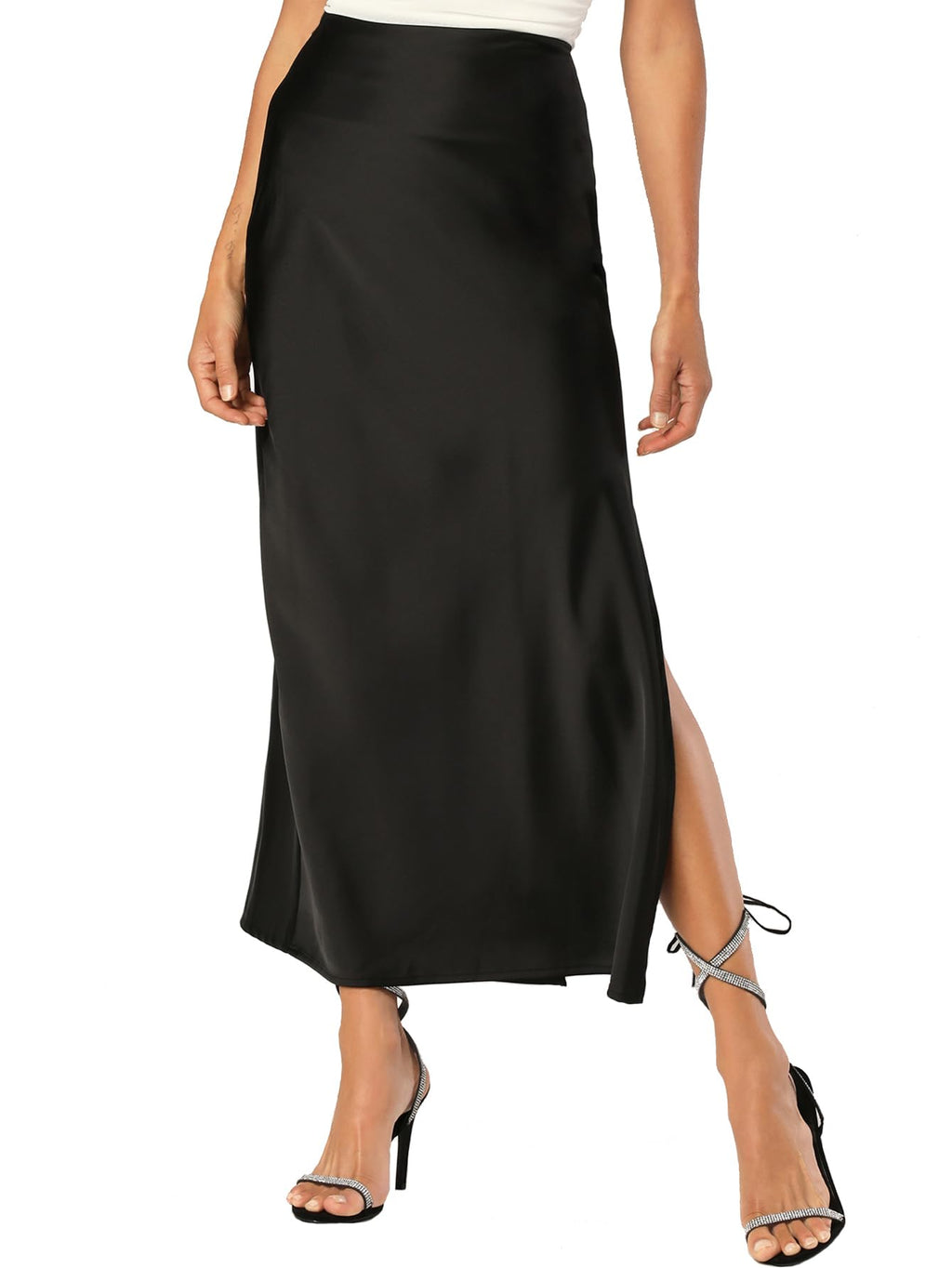 Womens Satin Silk Maxi Slit Skirt Elastic Waistband Leopard Print Maxi Long Satin Slit Skirts for Women