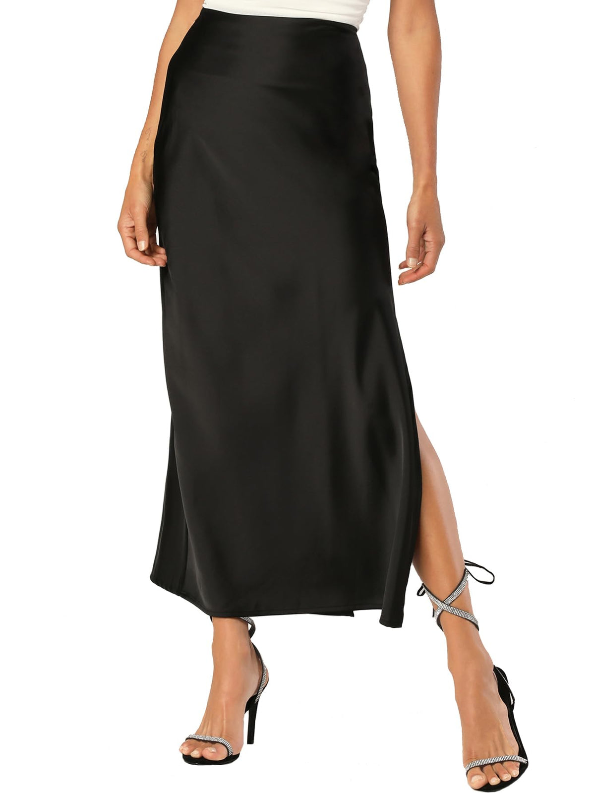 Womens Satin Silk Maxi Slit Skirt Elastic Waistband Leopard Print Maxi Long Satin Slit Skirts for Women