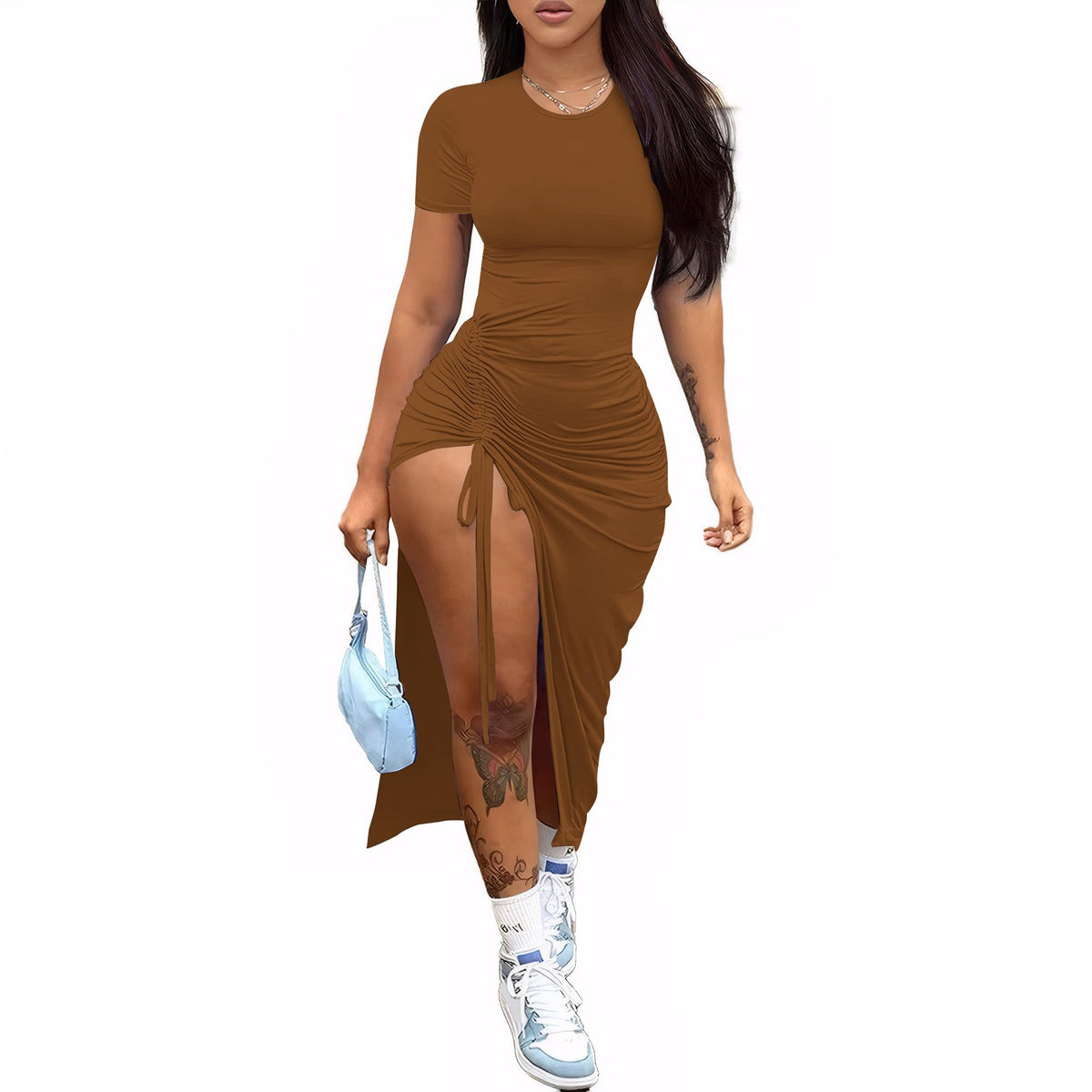 Nimsruc Women Sexy Summer Bodycon Dresses Short Sleeve Slit Maxi Club Dress