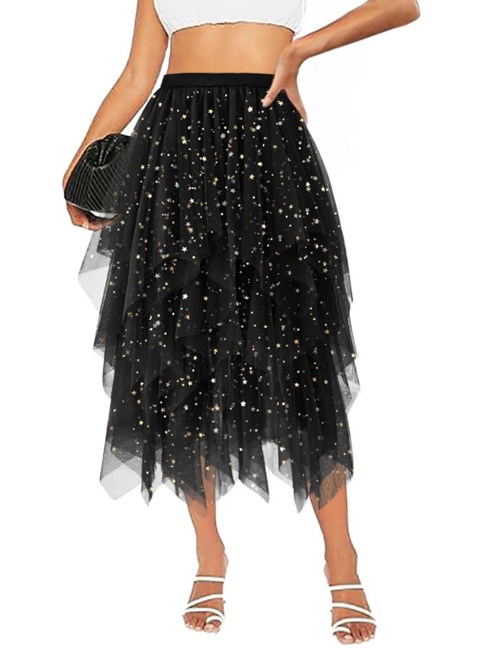 Tulle Skirts for Women Midi Long Tutu Skirt A-Line Mesh Layered Fairy Trendy High Elastic Waist Halloween Skirts
