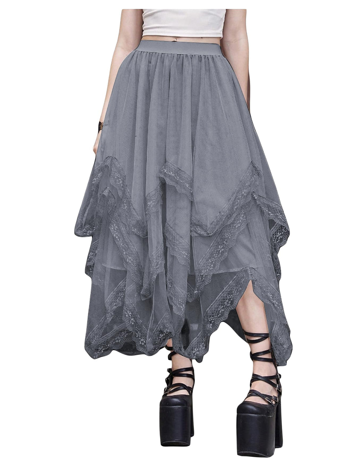 SHENHE Women's Lace Trim Layered Mesh Tulle Skirt Asymmetrical Goth Skirt