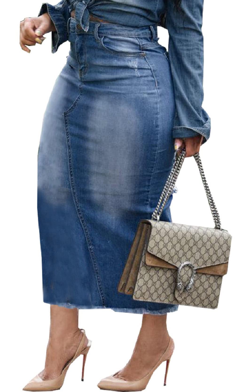 CaniBtr Women's Casual Slit Denim Midi Jean Skirt Stretch with Pockets