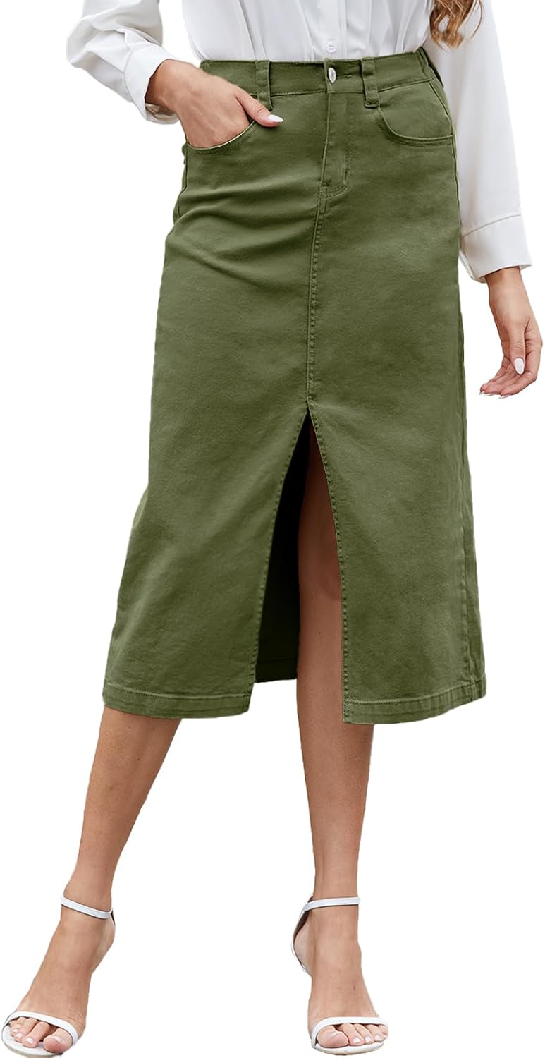 HERBATOMIA Women's Cargo Midi Skirt High Elastic Waist Front Slit Vintage Style Trendy Long Solid Skirts for Women