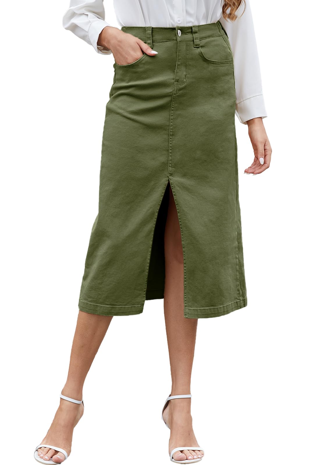 HERBATOMIA Women's Cargo Midi Skirt High Elastic Waist Front Slit Vintage Style Trendy Long Solid Skirts for Women