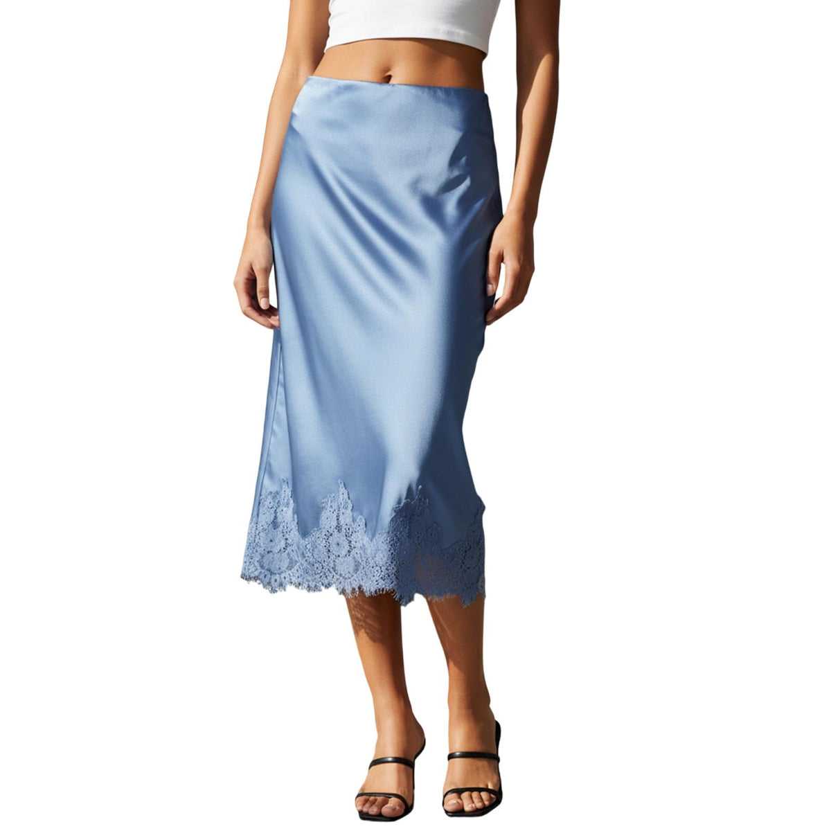 Women's Satin Skirt High Waisted Side Split Asymmetric Lace Patchwork Midi Skirt Bodycon Long Skirts Trendy