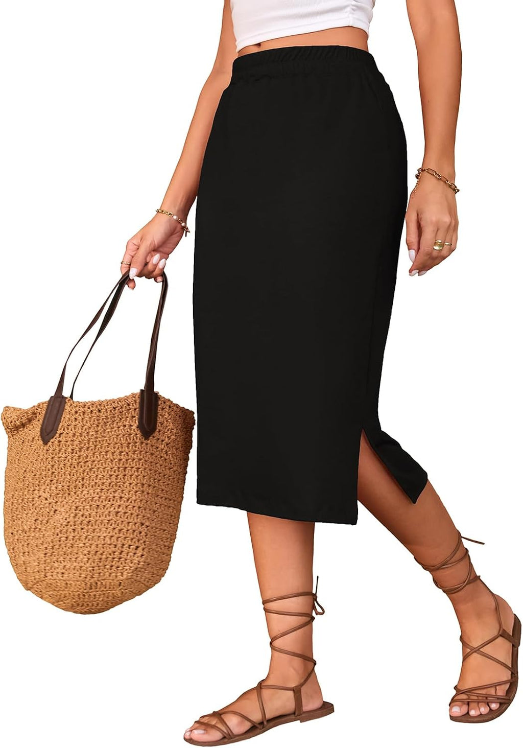 Naggoo Midi Skirts for Women Summer Elastic High Waisted Side Slit Long Skirts