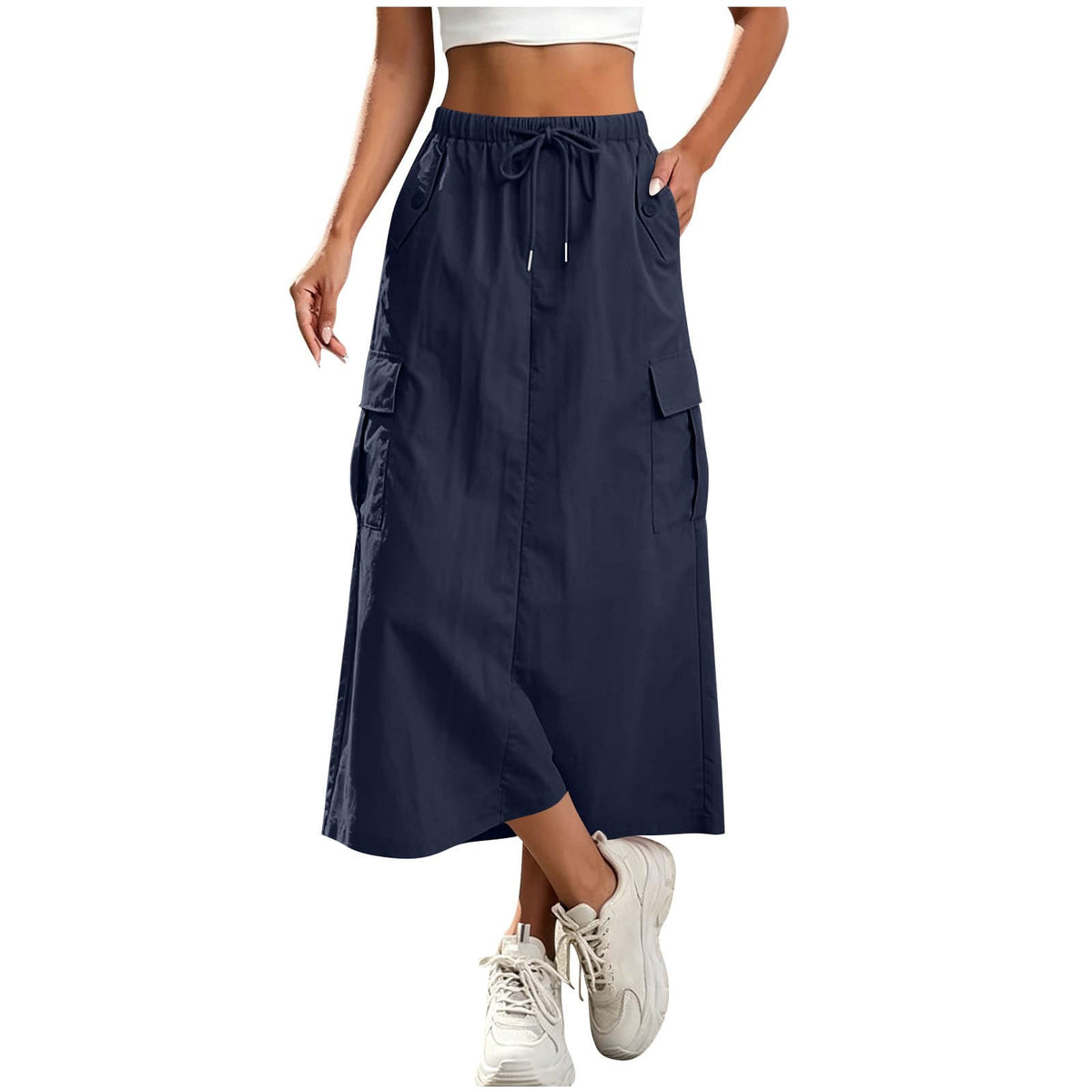 Women's Cargo Skirts Elastic Waist Drawstring Utility Midi Skirt with Multi-Pockets Casual Trendy Streetwear Skirts