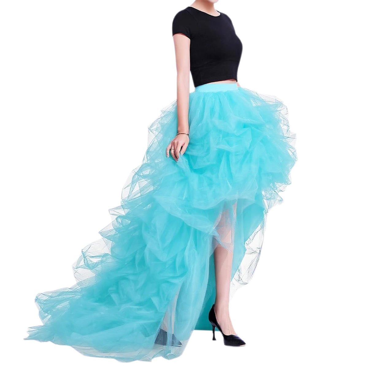 WDPL Women’s High Low Ruffled Tulle Skirt, Long Back Hem for Party Evening