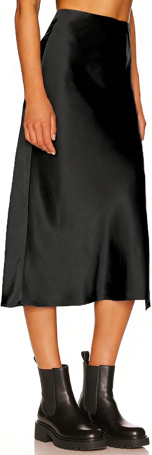 Womens Satin Silk High Waist Slit Midi Skirt Elastic Waistband Midi Skirts for Women