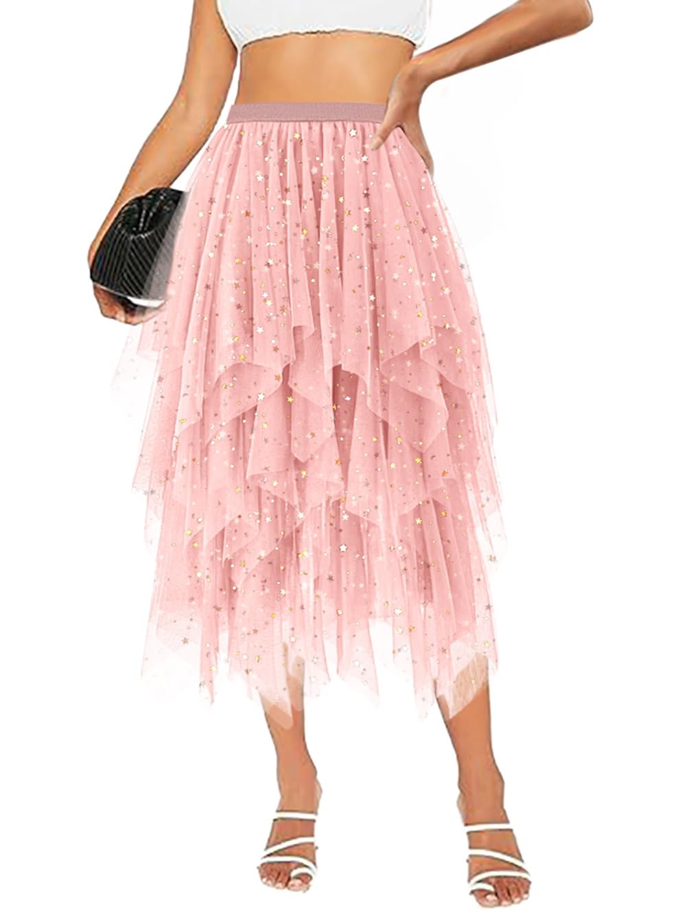 Tulle Skirts for Women Midi Long Tutu Skirt A-Line Mesh Layered Fairy Trendy High Elastic Waist Halloween Skirts