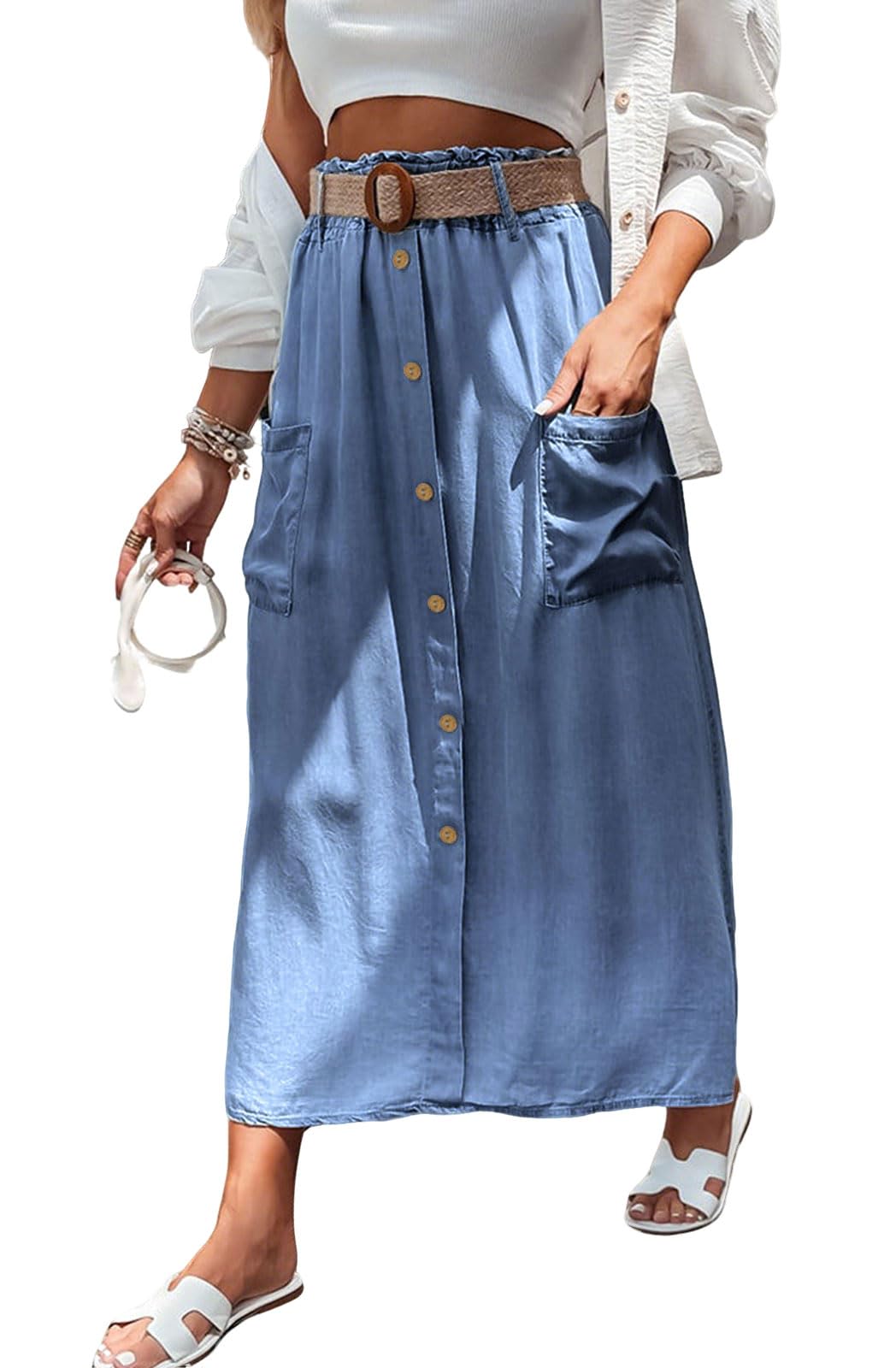 loveimgs Women Summer Elastic Waist Flowy Tencel Denim Maxi Skirt A Line Button Ruffle Cargo Long Jean Skirt Boho Lightweight