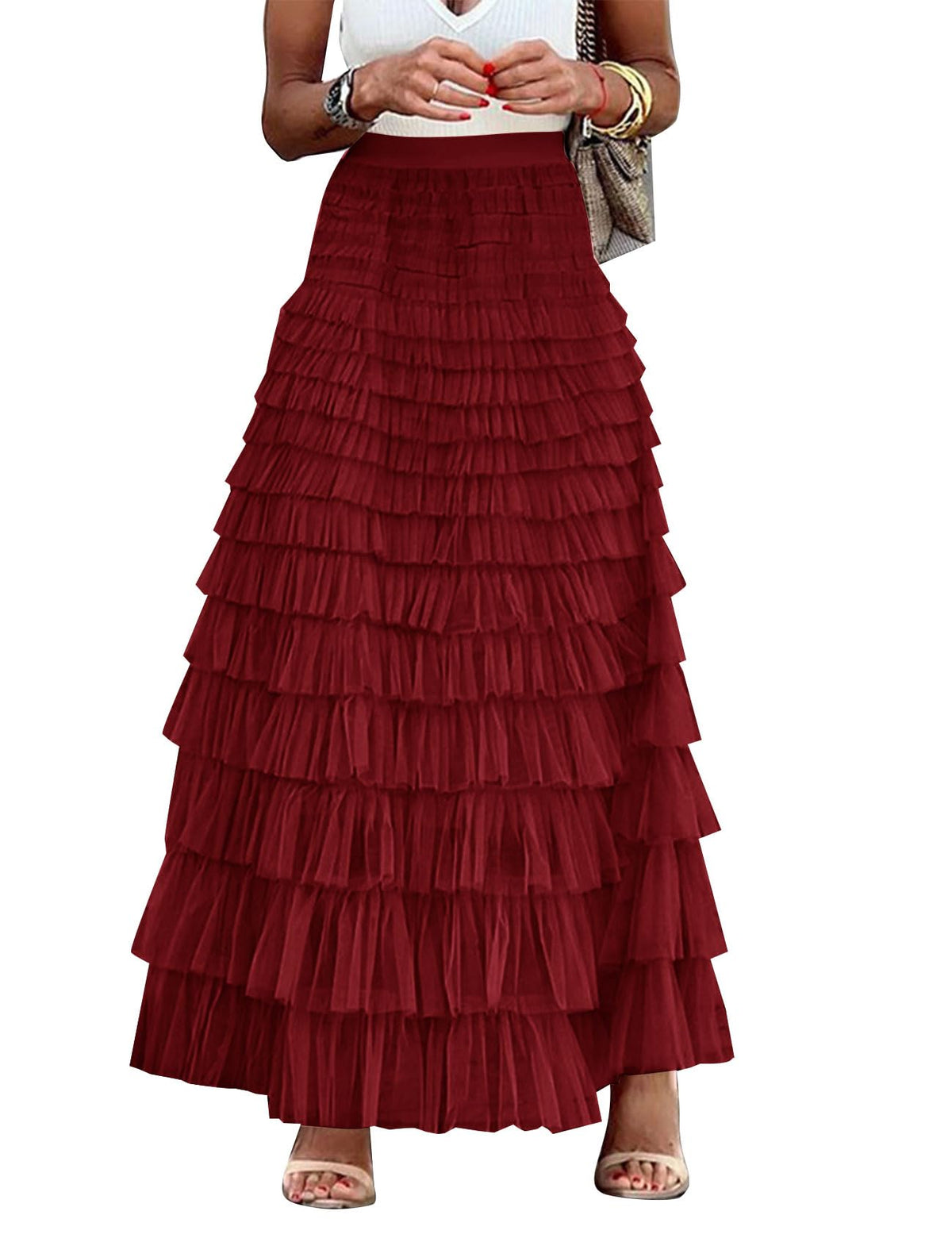 Flygo Women Long Maxi Tiered Tulle Skirts A Line Ruffle Layered Fairy Skirt