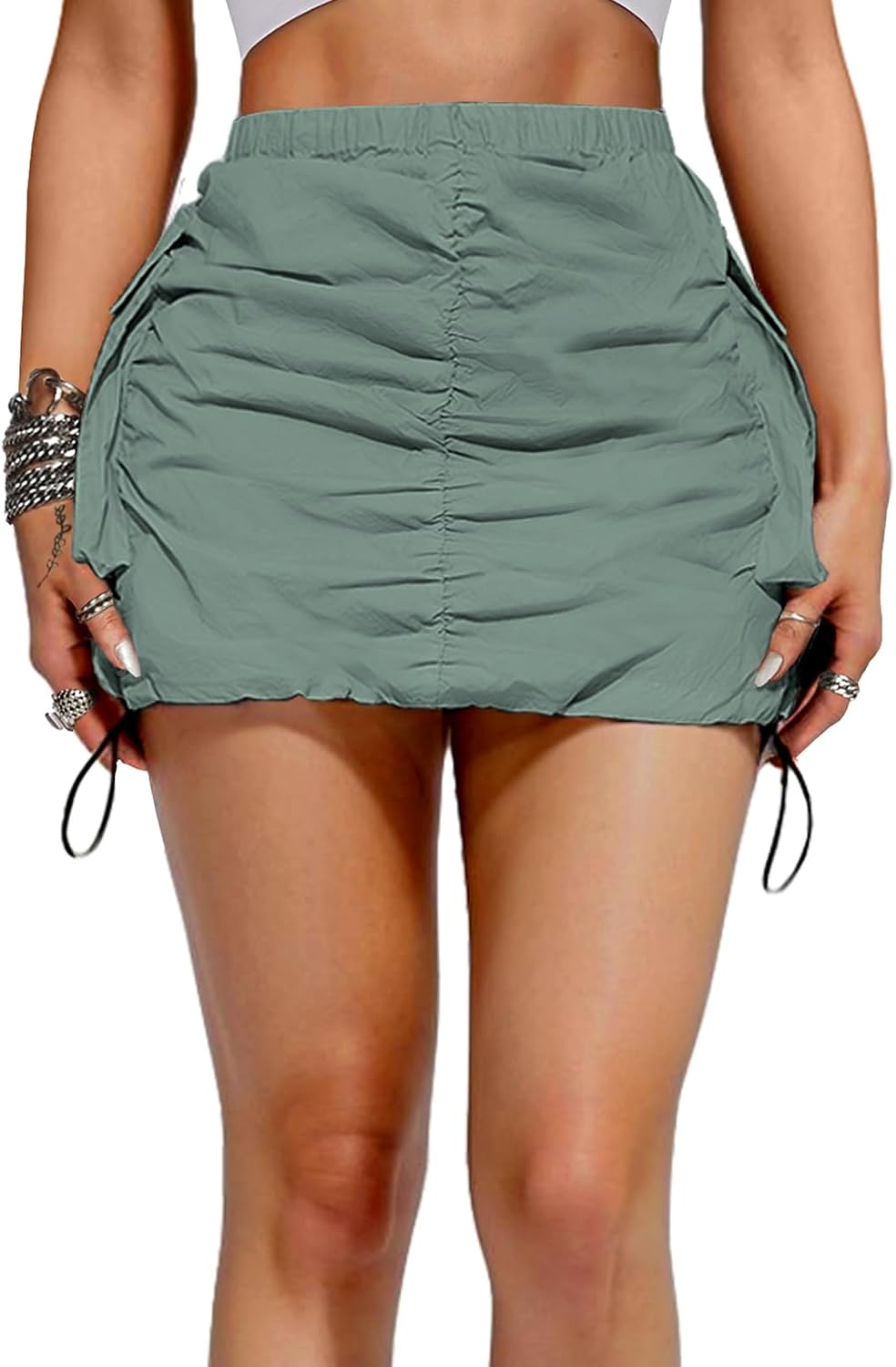 Women Cargo Mini Skirt Ruched High Waisted