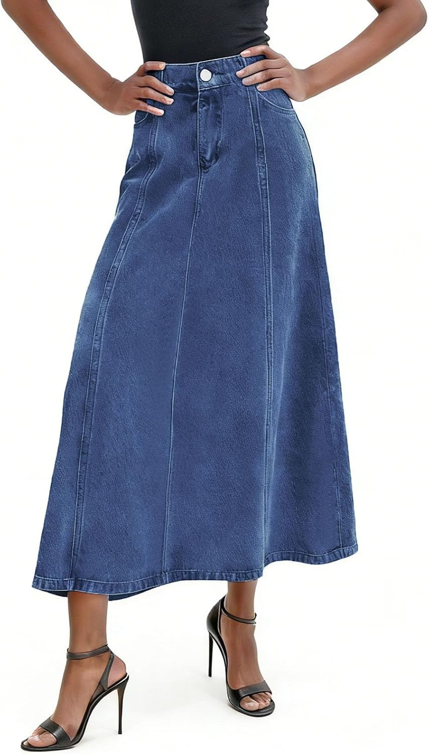 utcoco Women's Stretch High Waisted Denim Skirt Flowy A-Line Jean Maxi Skirt with Pockets