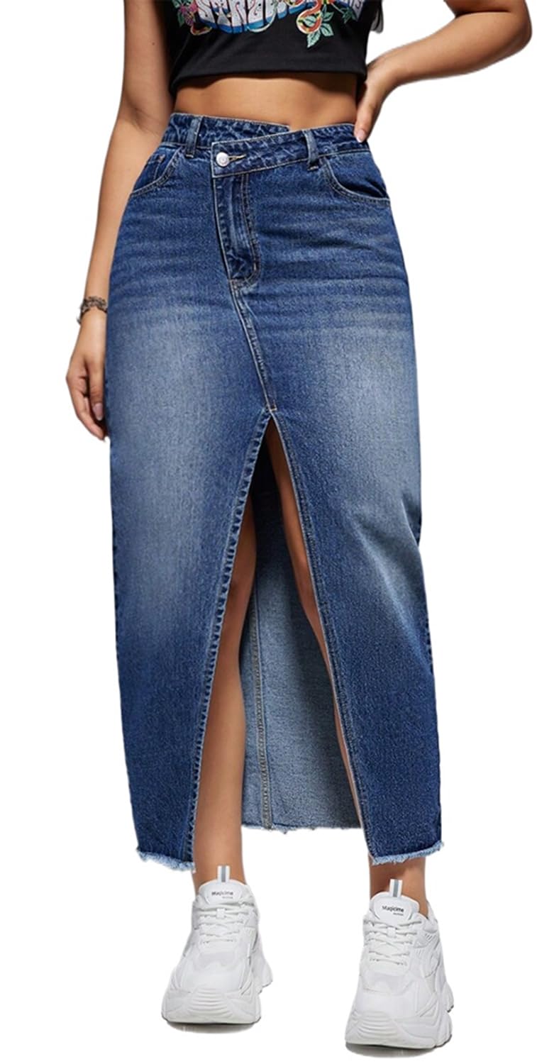 CaniBtr Women's Casual Slit Denim Midi Jean Skirt Stretch with Pockets