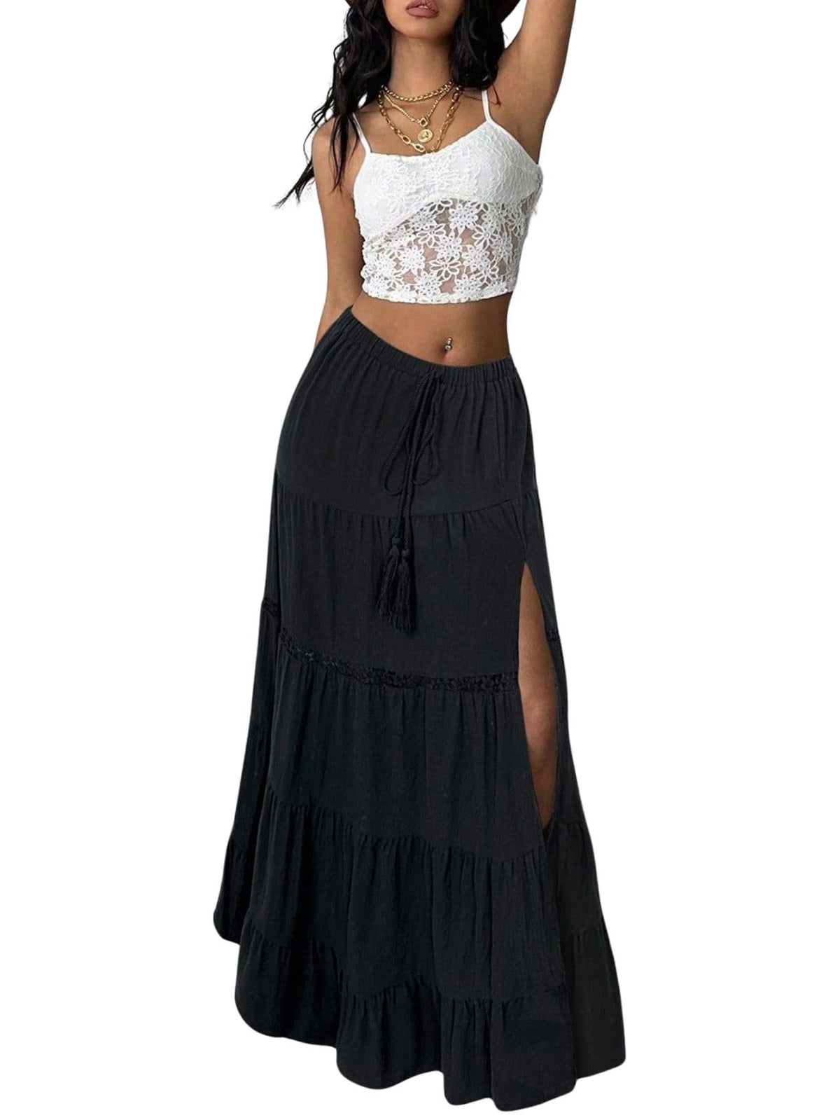 Verdusa Women's Long Maxi Skirts Boho Western Country Cncert Outfits Lace Skirt Split Layered Ruffle Skirt