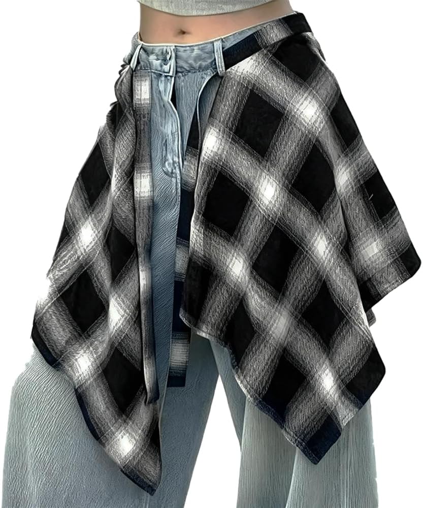 OULIGET Women's Grunge Mini Plaid Skirt,Hip-Hop One-Piece Tie Up Asymmetrical Skirt,Y2k Overlapping Jeans Decorate Skater