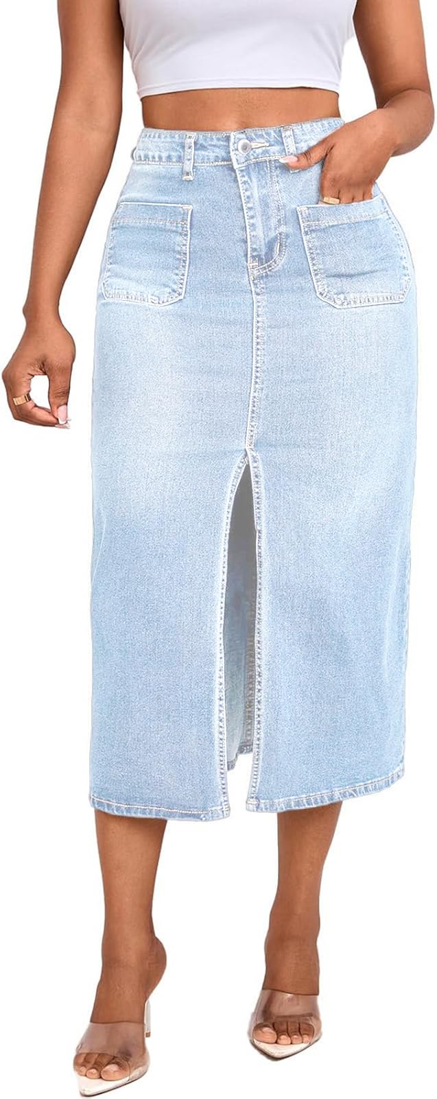 CaniBtr Women's Casual Slit Denim Midi Jean Skirt Stretch with Pockets
