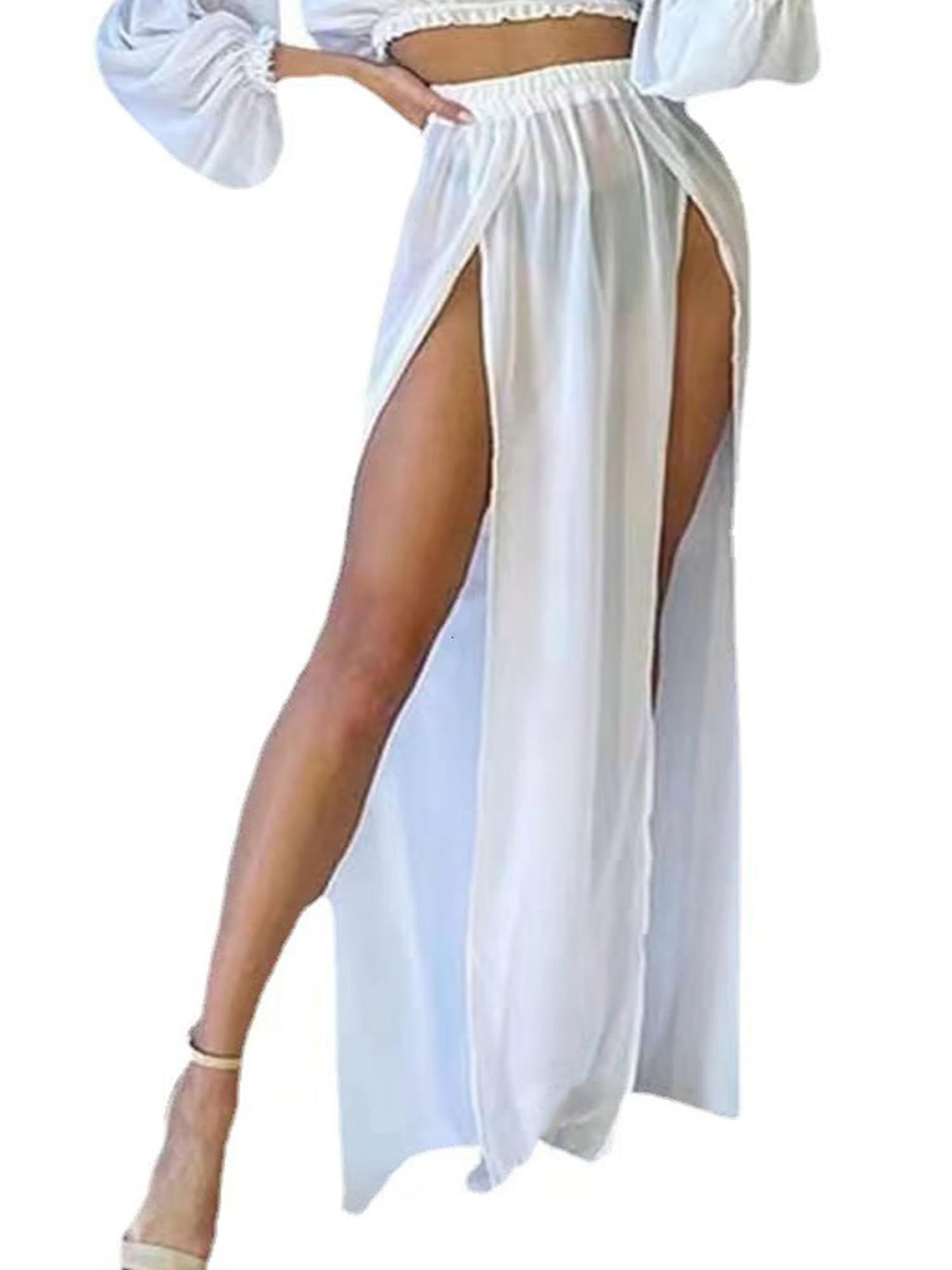 Women's Sheer Mesh Chiffon Double Slit Cover Up Skirt Rave Festival Costume Swim Beach Flowy Long Maxi Skirts