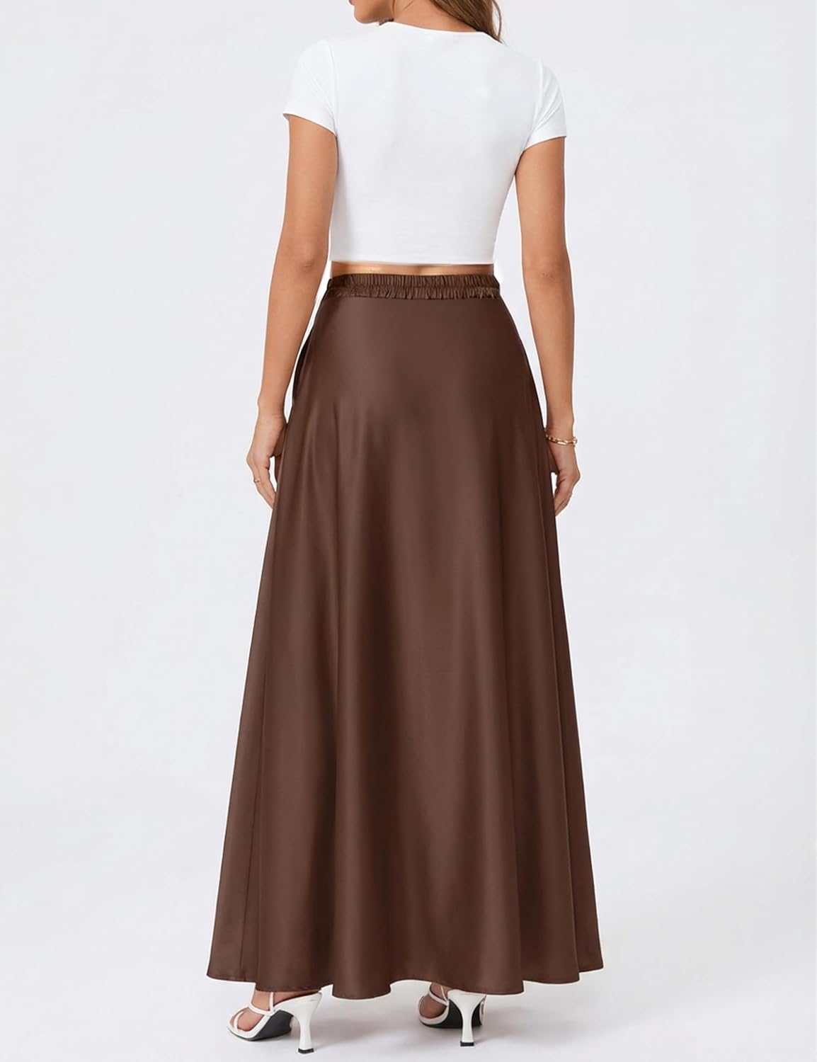 MAKABO Maxi Satin Skirts for Womens High-Waisted Side Slit with Pockets A-Line Long Skirts for Casual Daily Party