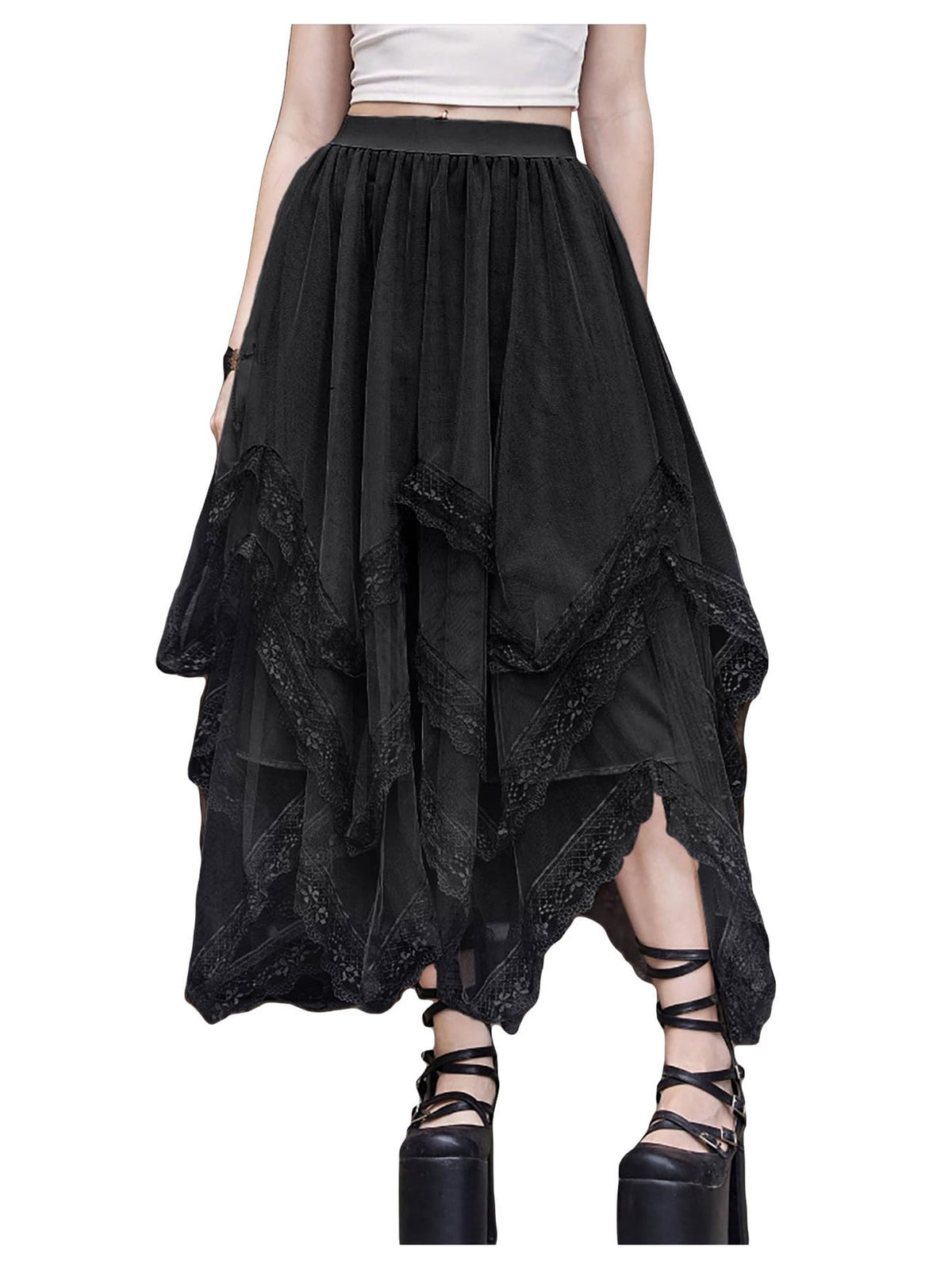 SHENHE Women's Lace Trim Layered Mesh Tulle Skirt Asymmetrical Goth Skirt