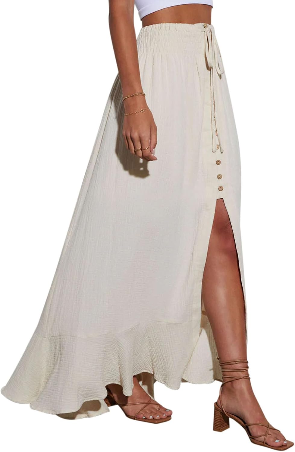 Minclouse Women's Elastic Tie Waist Button Down Maxi Skirts Casual Loose Flowy Swing Slit Front Dress