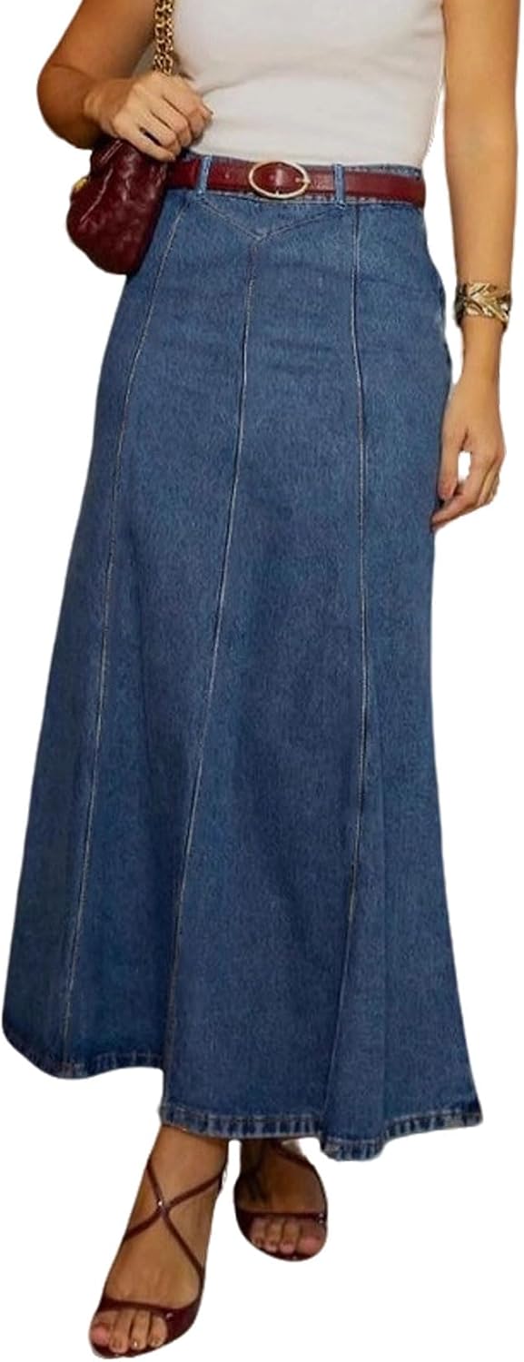 CHARTOU Women Long Patchwork Denim Skirt Stretchy High Waist Flowy Maxi Jean Skirt