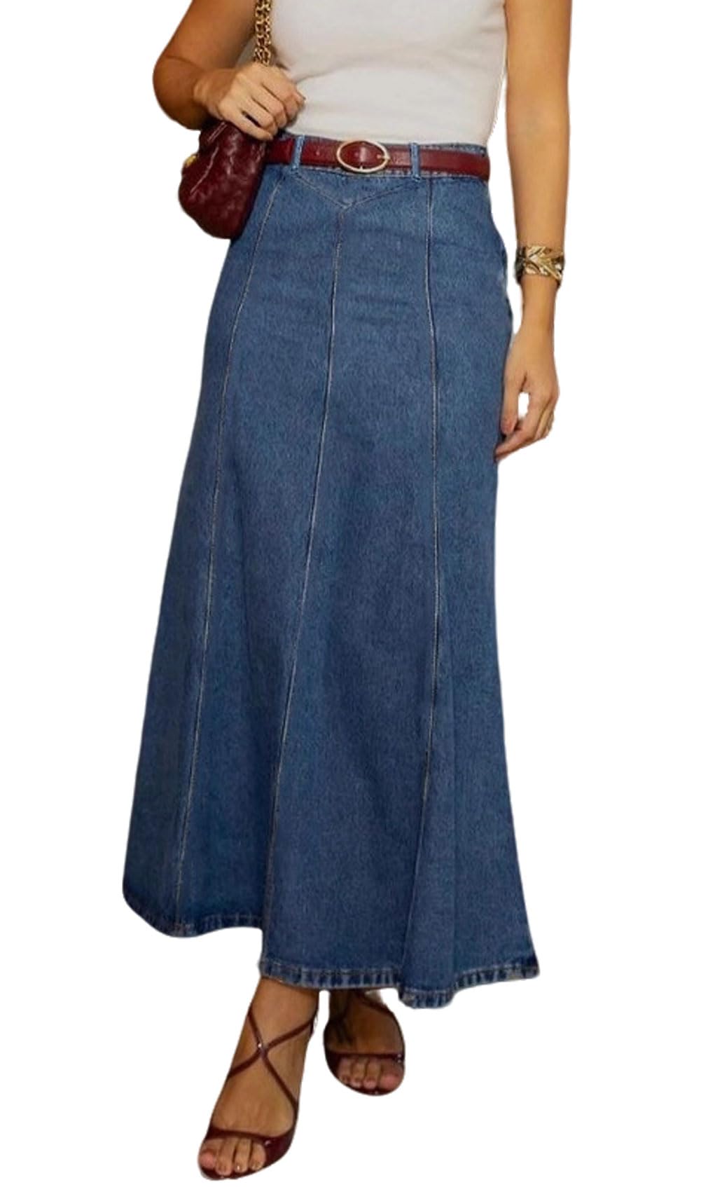 CHARTOU Women Long Patchwork Denim Skirt Stretchy High Waist Flowy Maxi Jean Skirt