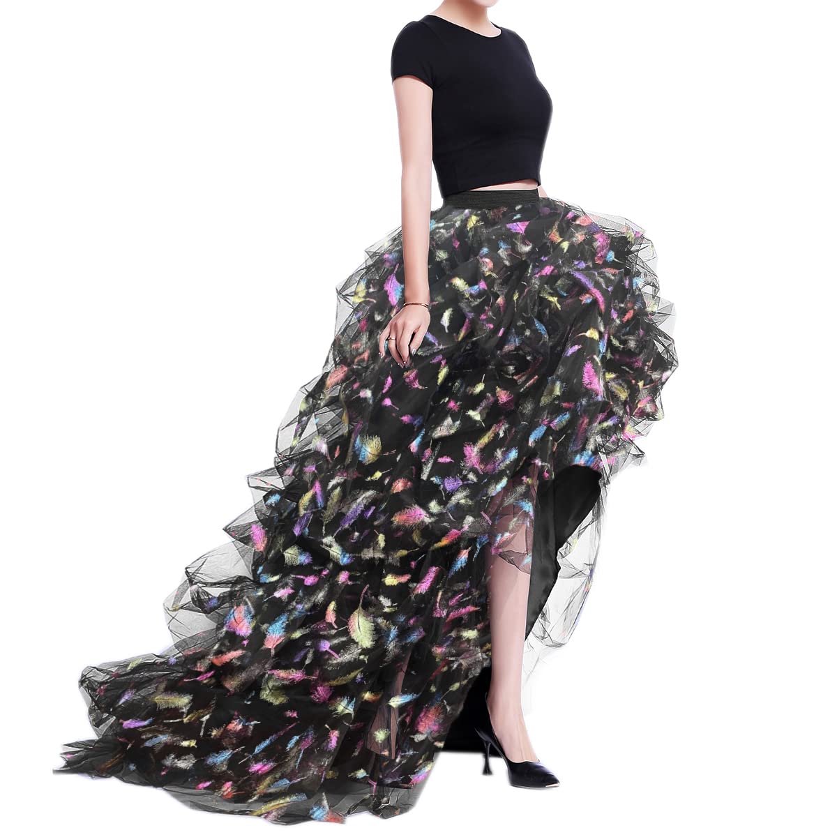 WDPL Women’s High Low Ruffled Tulle Skirt, Long Back Hem for Party Evening