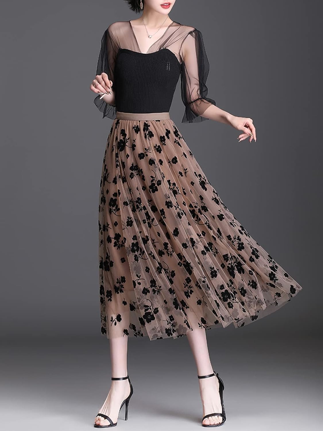 Reaowazo Skirts for Women Midi Long Length Dressy Casual Trendy Summer Tulle A-Line Floral High Waist Skirt