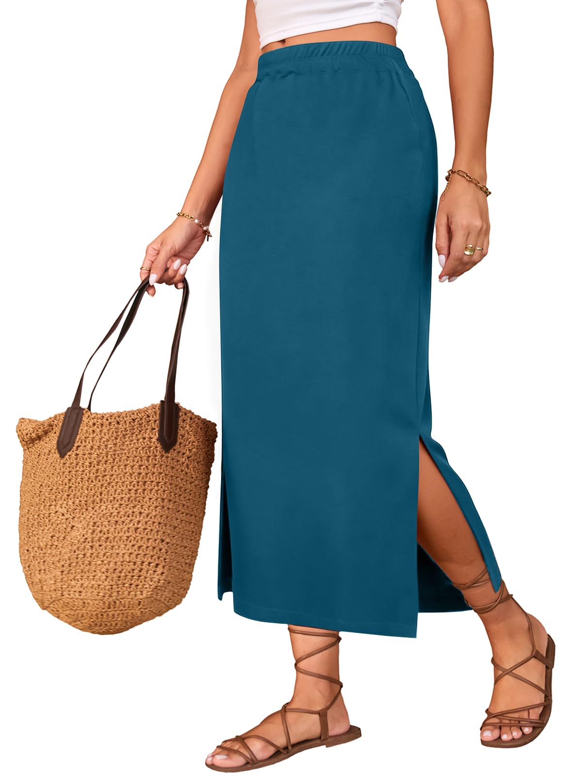 Poetsky Maxi Skirt for Women Summer Side Slit Pencil Skirts Elastic High Waisted Long Skirt