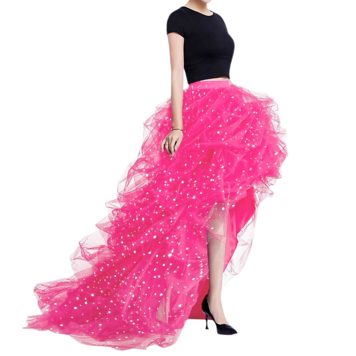WDPL Women’s High Low Ruffled Tulle Skirt, Long Back Hem for Party Evening