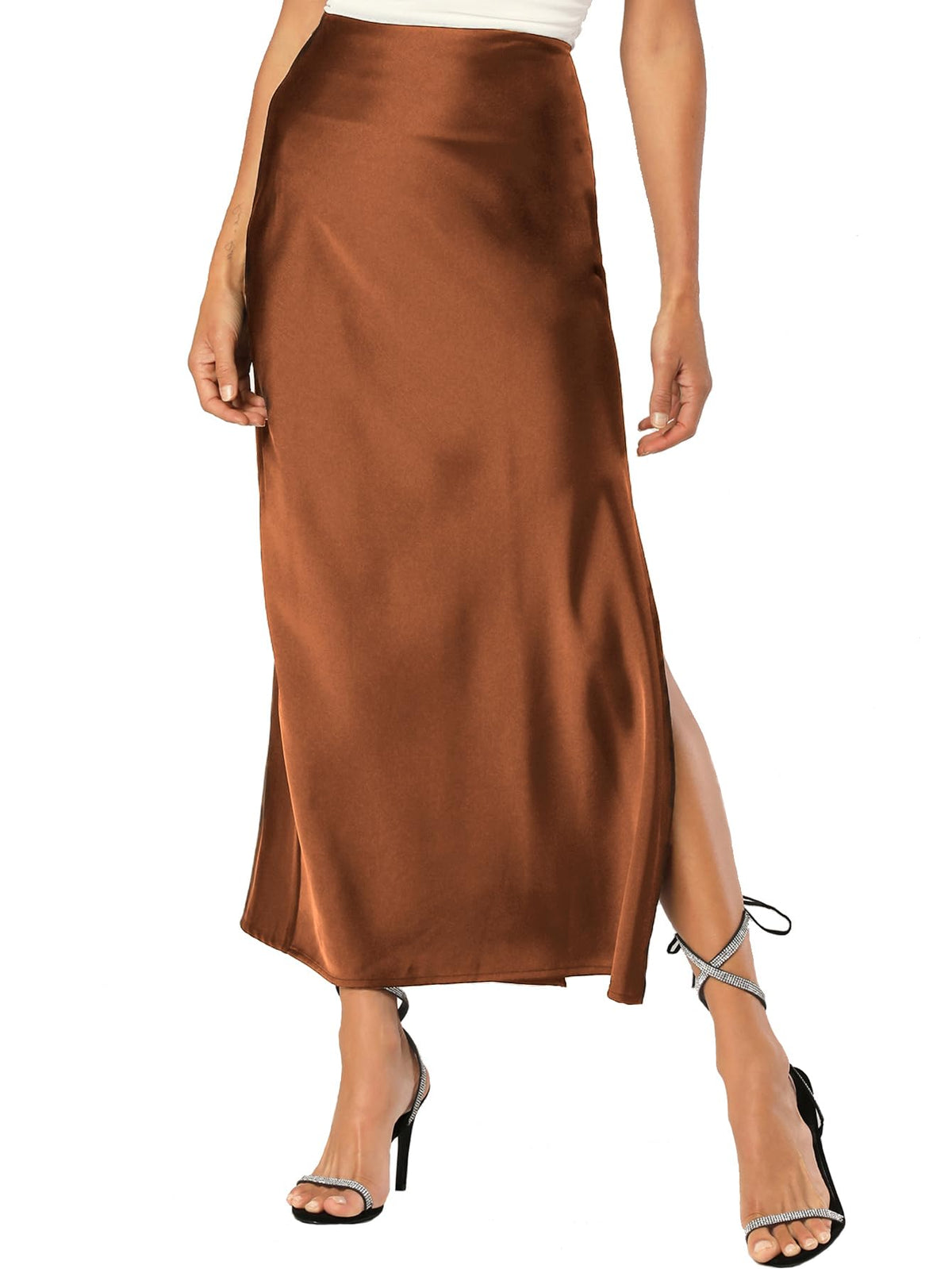 Womens Satin Silk Maxi Slit Skirt Elastic Waistband Leopard Print Maxi Long Satin Slit Skirts for Women