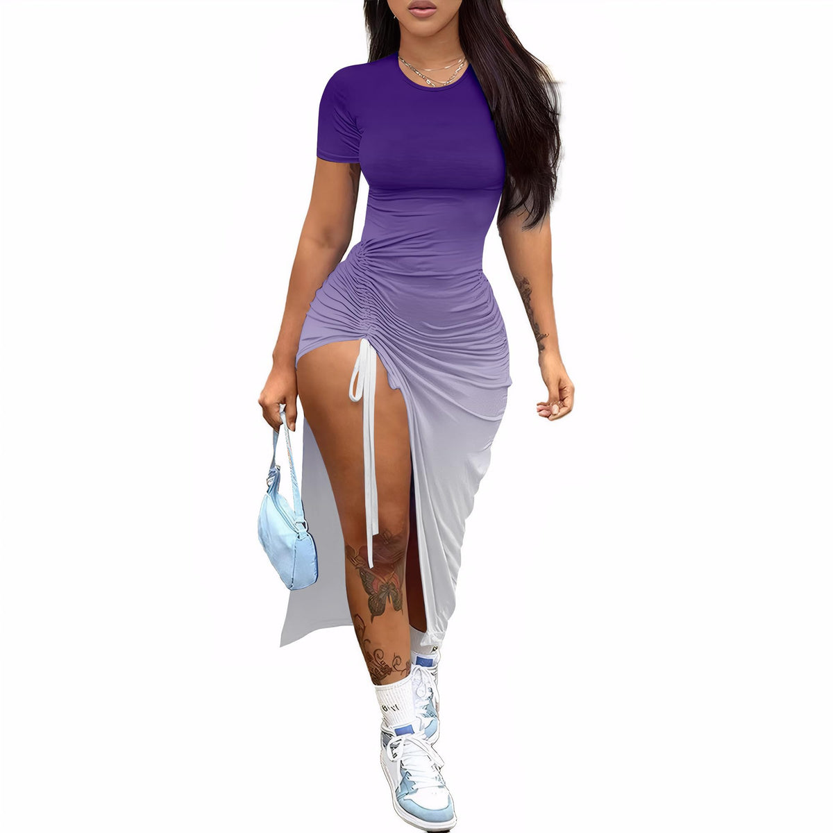 Nimsruc Women Sexy Summer Bodycon Dresses Short Sleeve Slit Maxi Club Dress