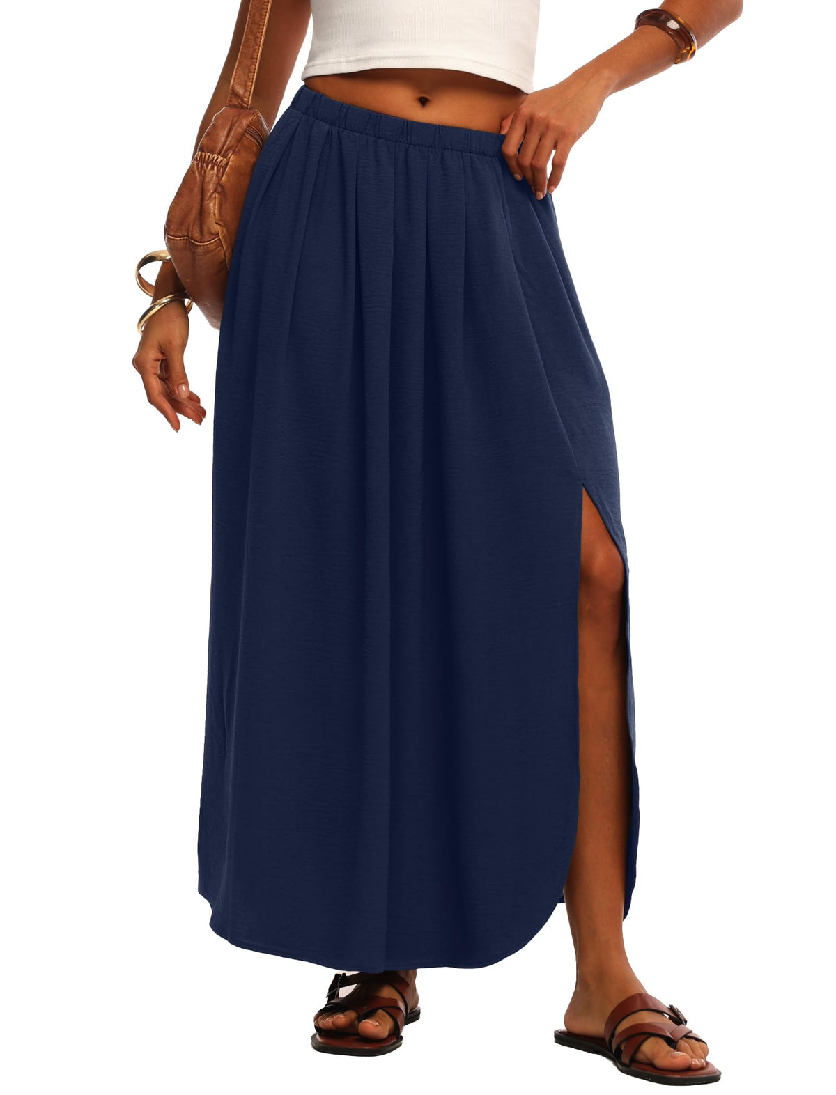 HiMONE Womens Maxi Skirt High Waisted Flowy A Line with Side Slit