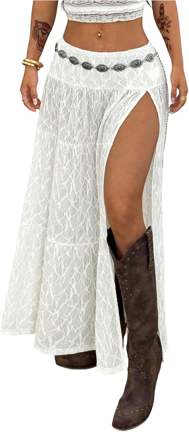 RoseSeek Women's Western High Low Fringe Cowgirl Boho Lace Maxi Skirt