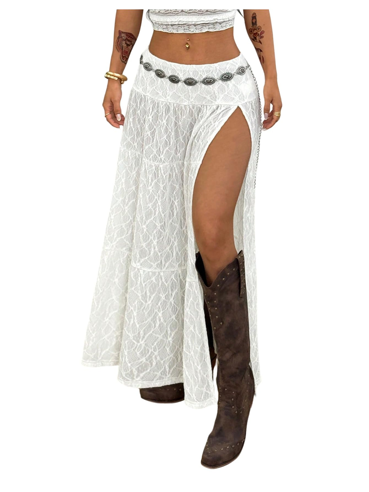 RoseSeek Women's Western High Low Fringe Cowgirl Boho Lace Maxi Skirt