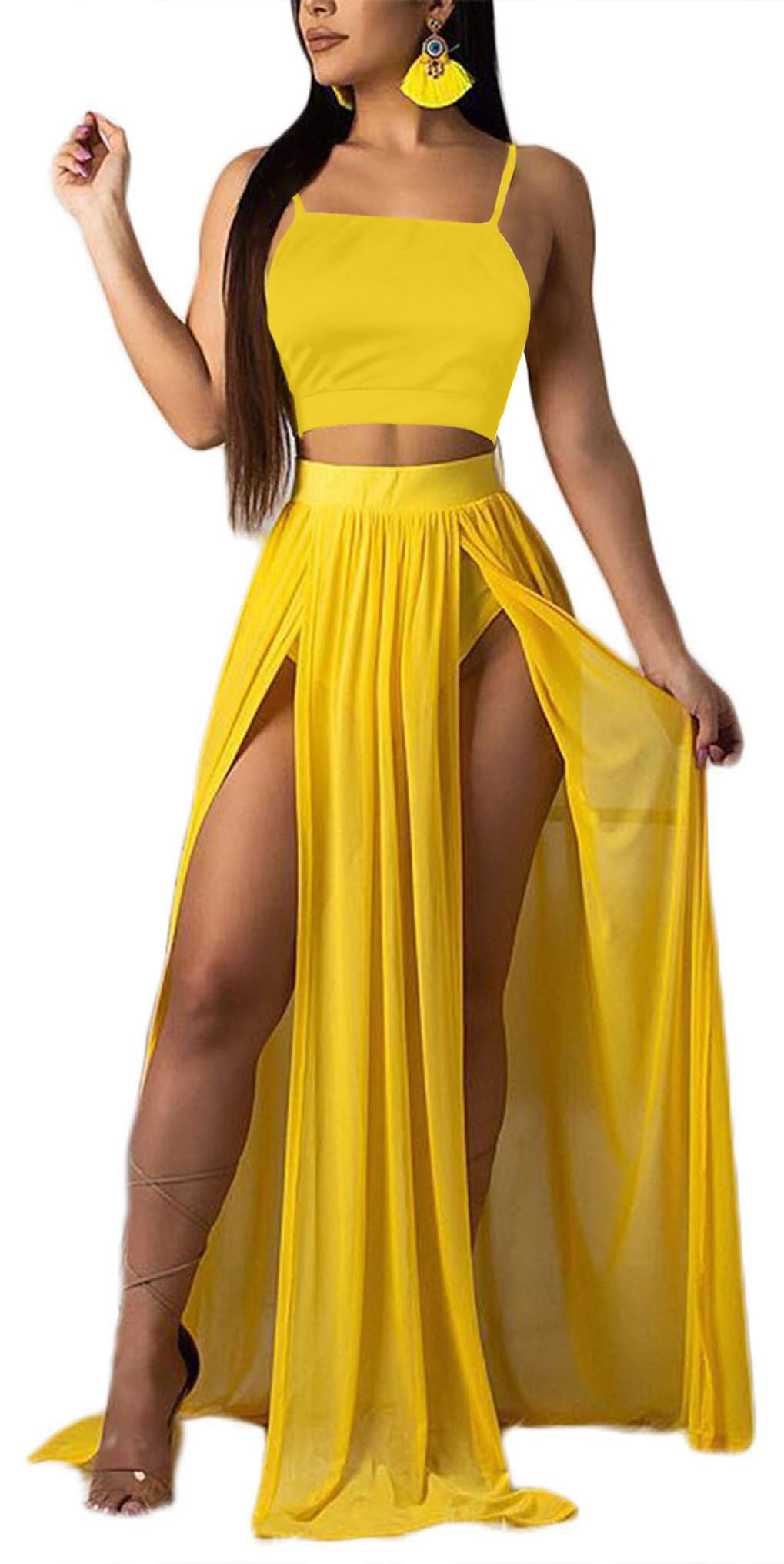 Women Sexy 2 Piece Outfits Dress Chiffon Strap Deep V Neck Bra Crop Top High Split Maxi Dresses Skirt Set