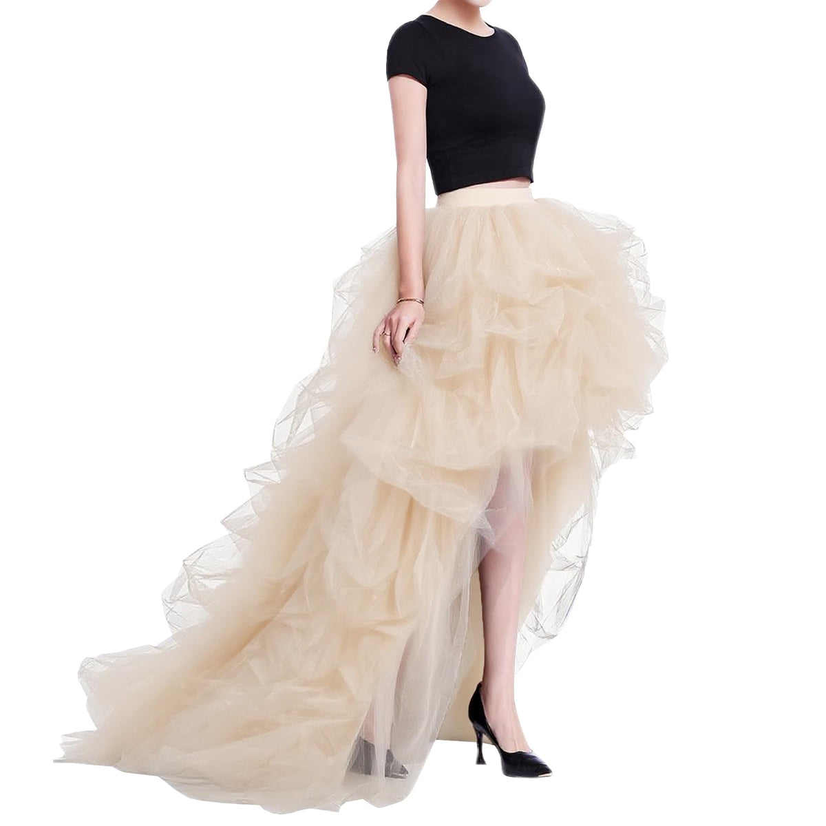 WDPL Women’s High Low Ruffled Tulle Skirt, Long Back Hem for Party Evening