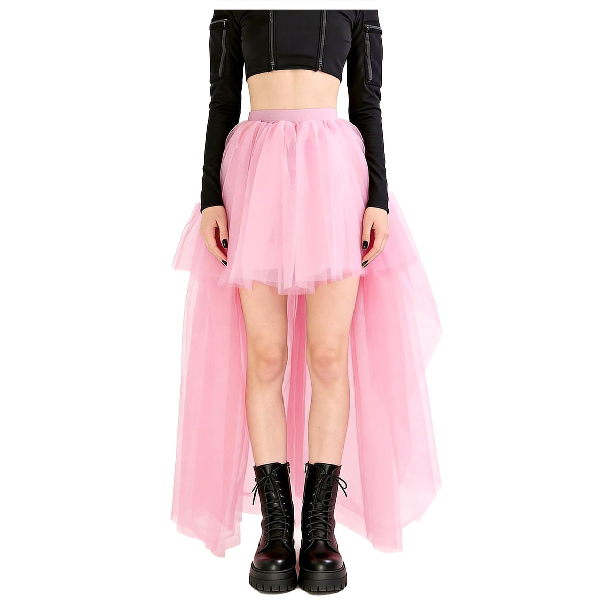 Women High Low Tutu Tulle Bustle Skirt Elastic Waist Dovetail Skirts for Wedding Party Performance