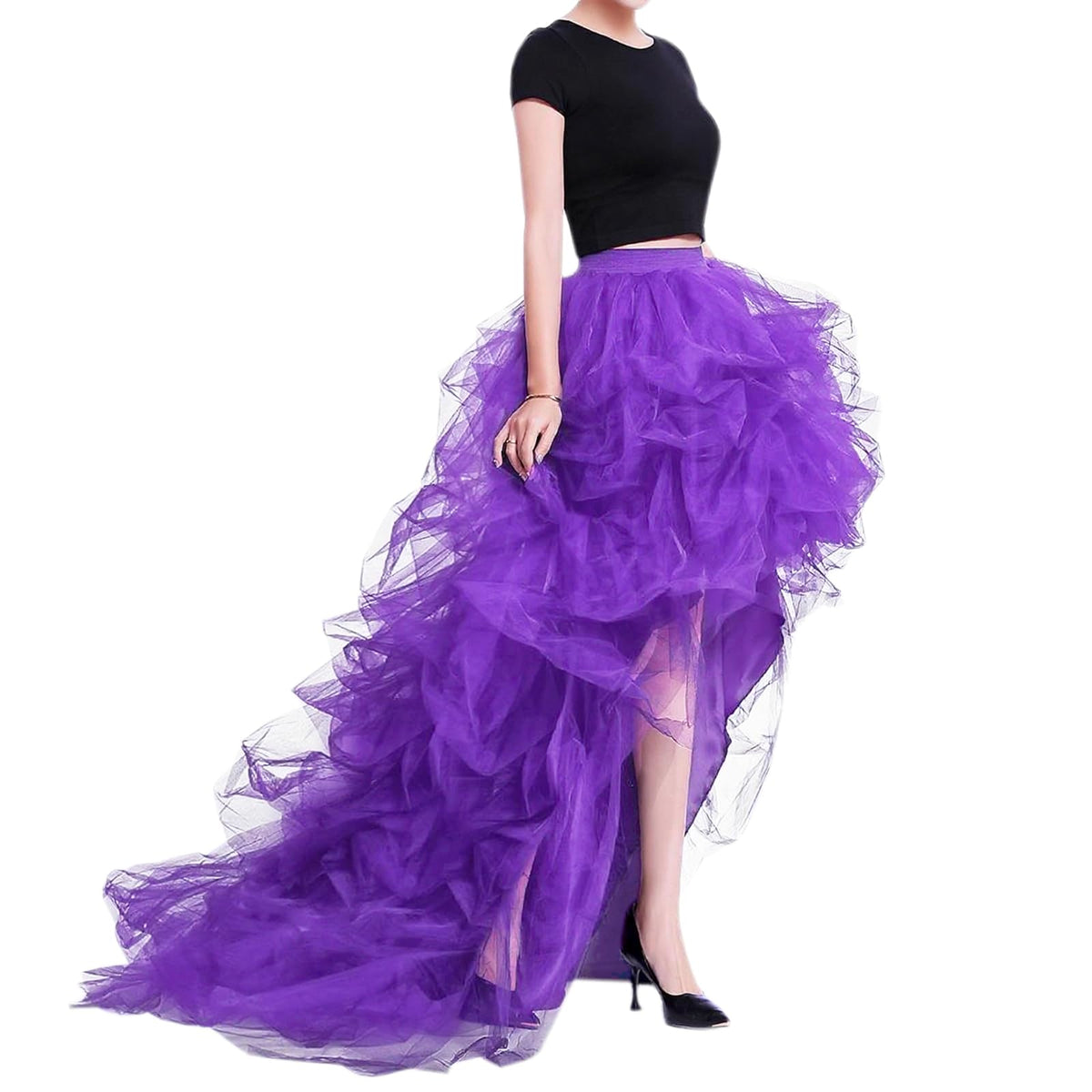 WDPL Women’s High Low Ruffled Tulle Skirt, Long Back Hem for Party Evening