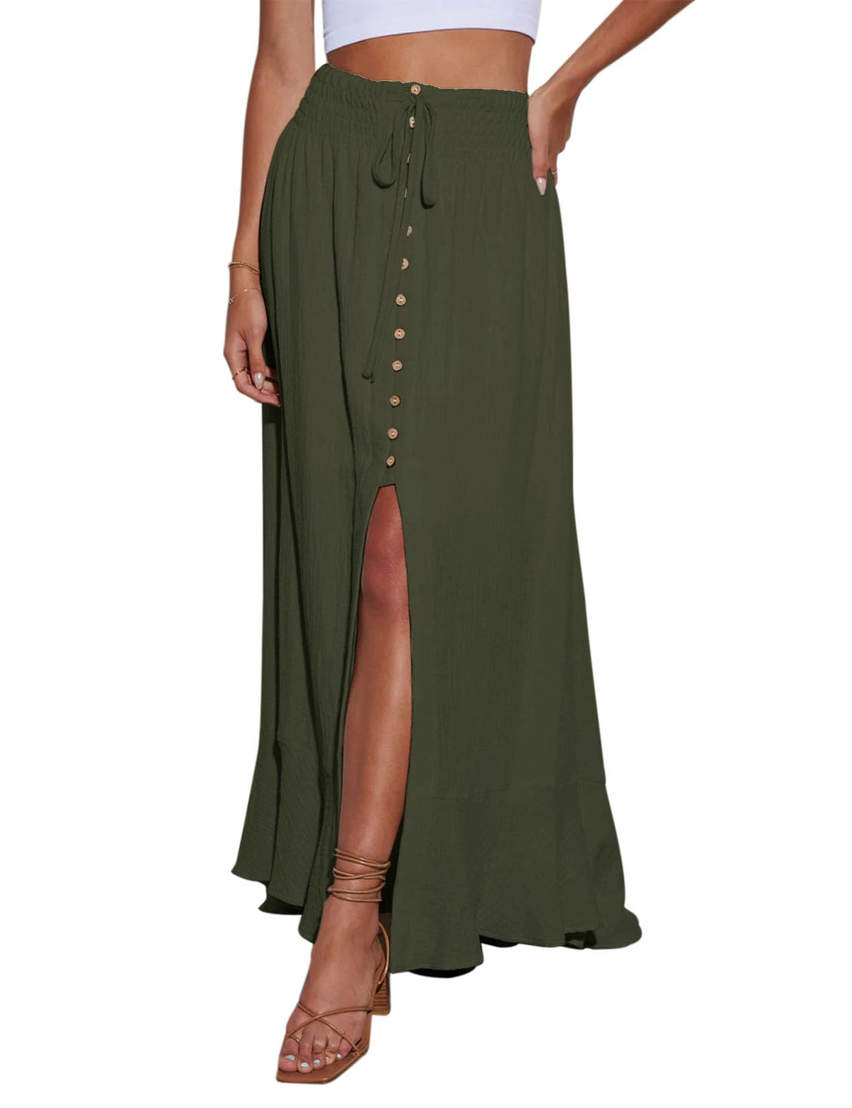 Minclouse Women's Elastic Tie Waist Button Down Maxi Skirts Casual Loose Flowy Swing Slit Front Dress